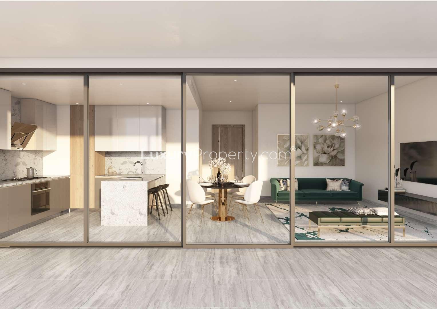 Modern bedroom and living area in 3-bed apartment, Peninsula One, Business Bay