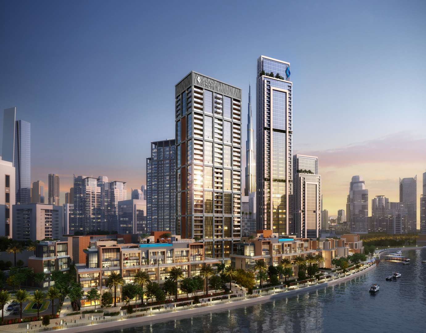 "Stunning waterfront apartment in Peninsula, Business Bay with skyline views at sunset.","Stunning waterfront podium simplex apartment in Business Bay's Peninsula community for sale.",Modern open-plan kitchen and living area in Business Bay waterfront apartment for sale