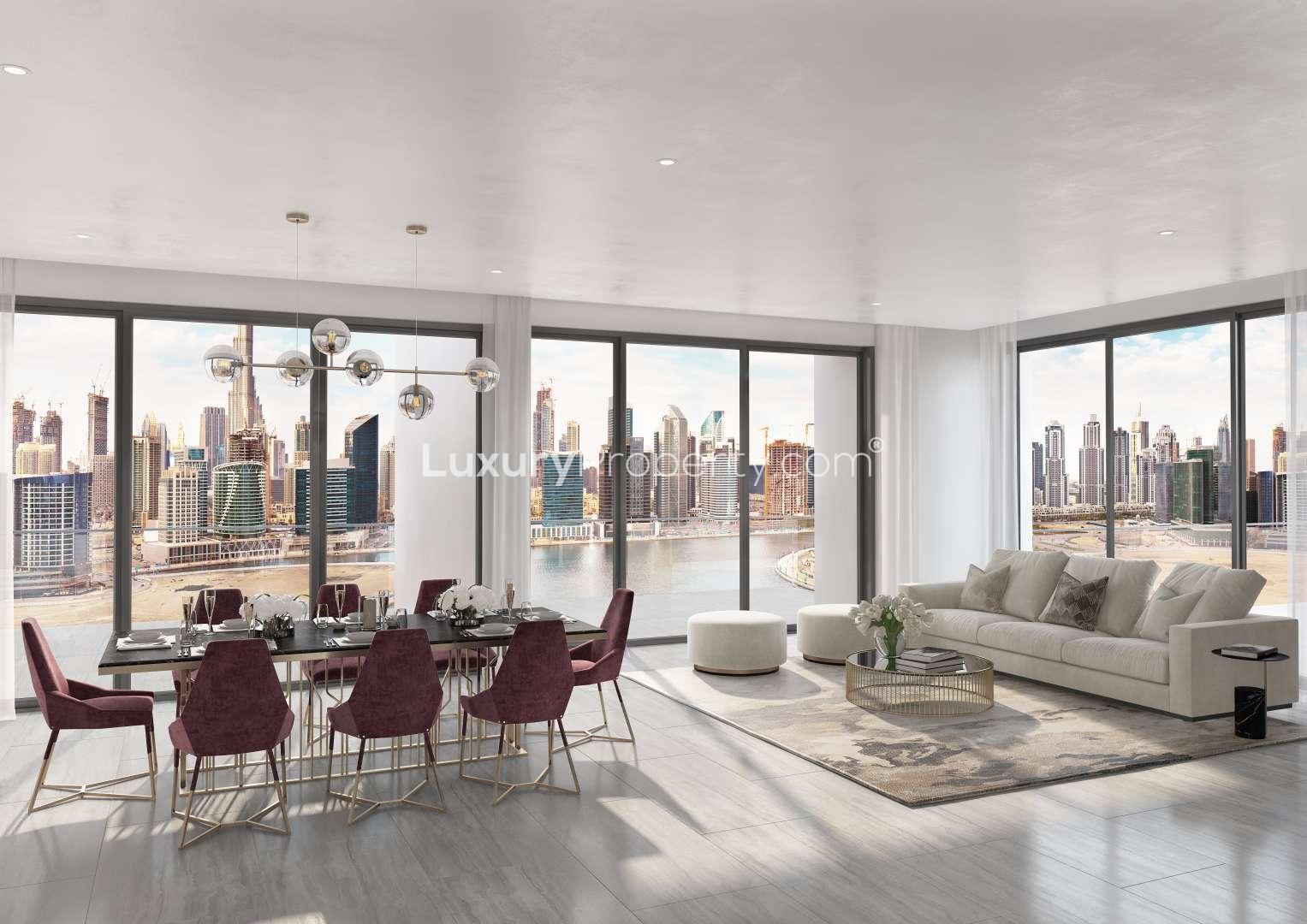 Two-bedroom waterfront apartment living room with panoramic city views in Business Bay