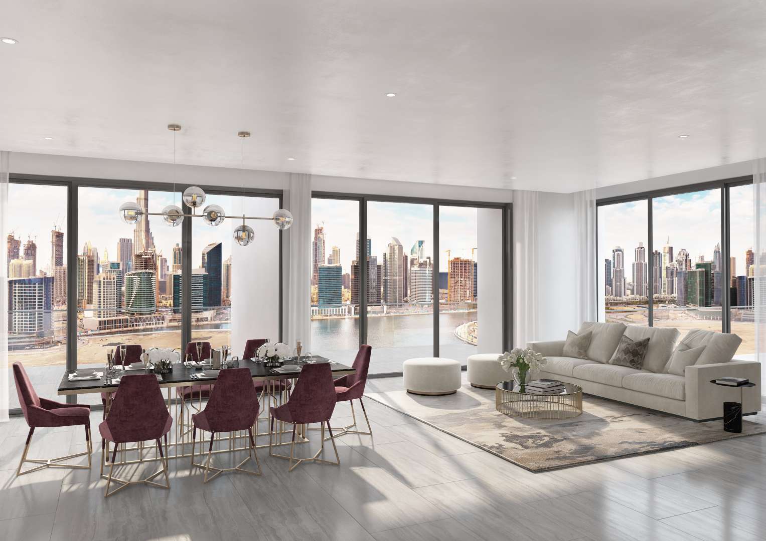 Two-bedroom waterfront apartment living room with panoramic city views in Business Bay