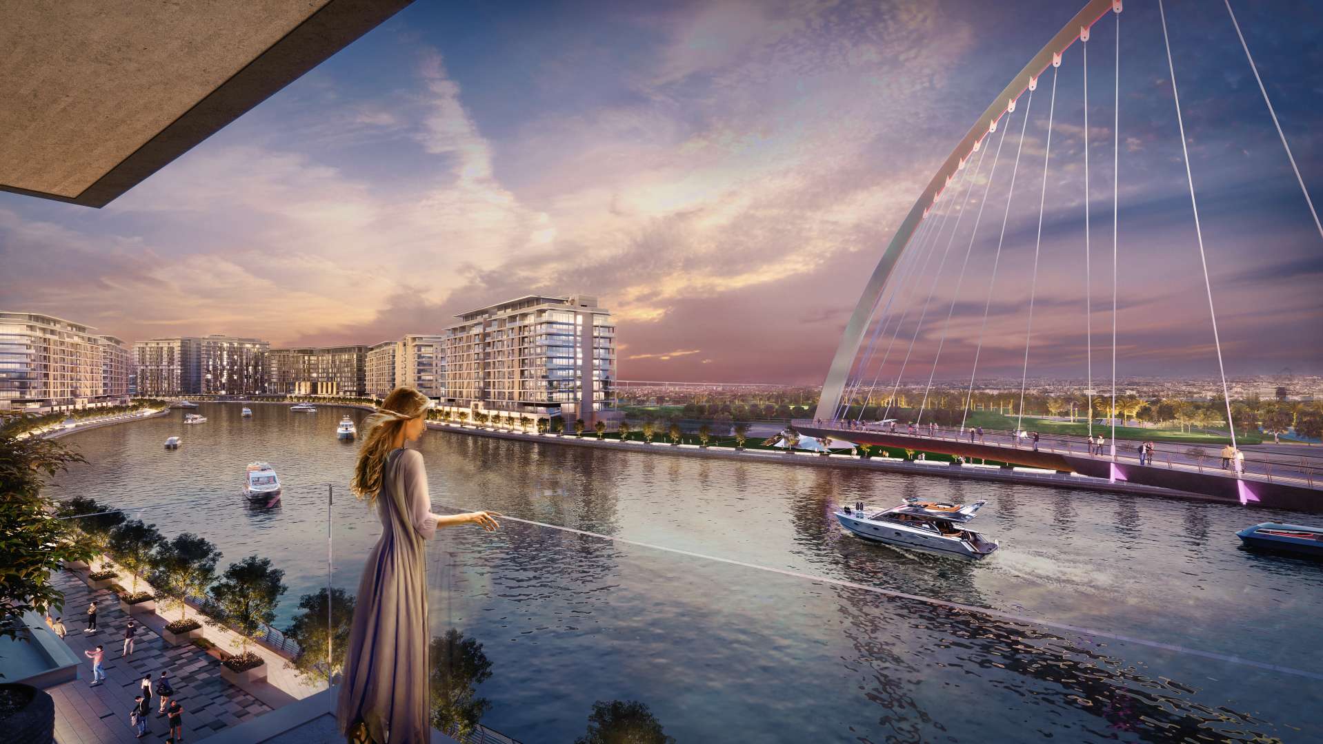"Scenic canal view from Canal Front Residences apartment in Al Wasl, Dubai at sunset.",Splendid Canal Front Residences apartment view with modern architecture and waterfront setting in Al Wasl