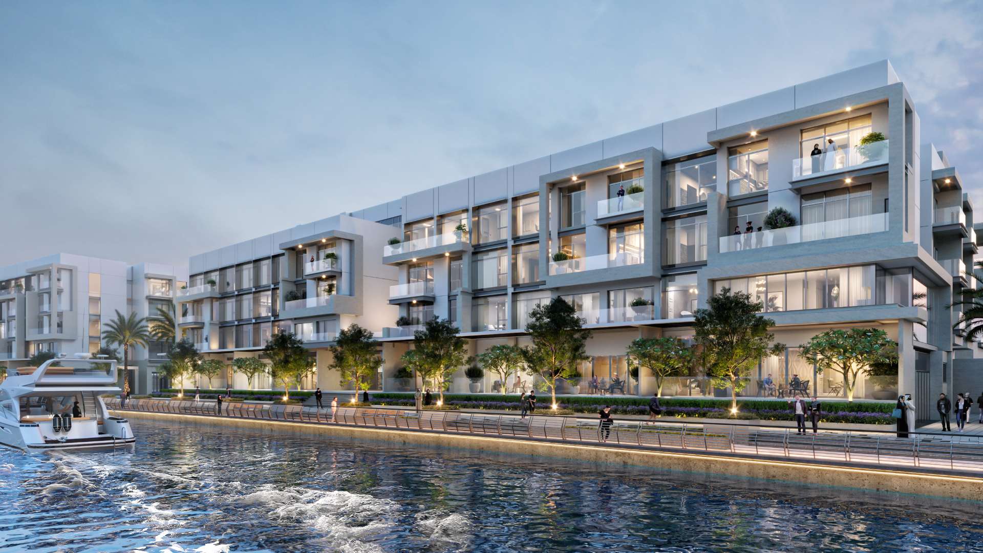 Three-bed apartment at Canal Front Residences, Al Wasl, with waterfront view at dusk