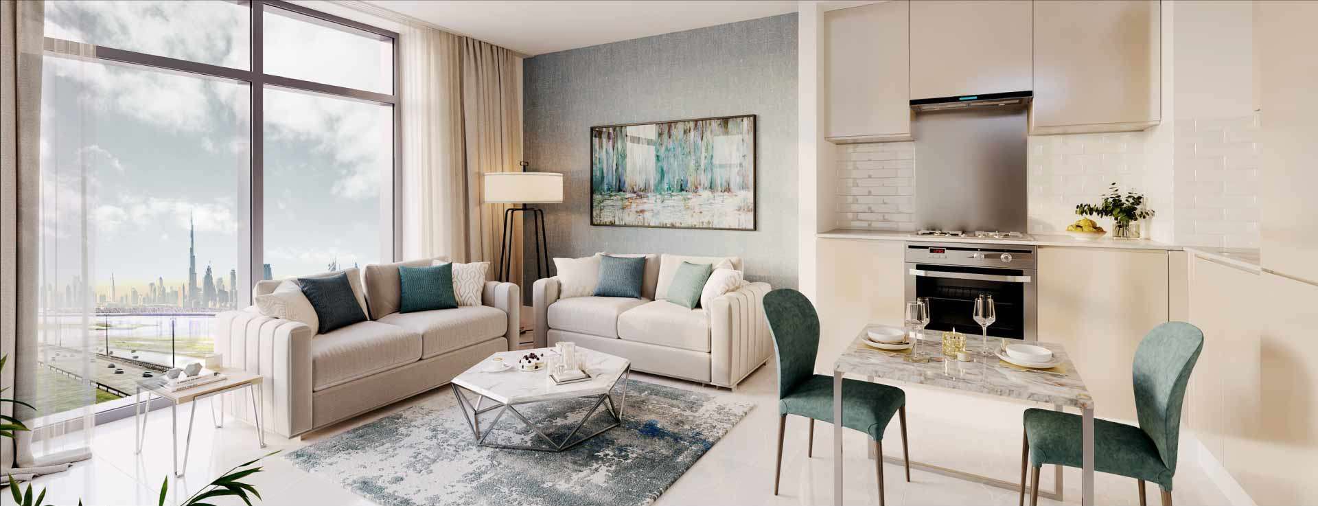 Modern living area in Sobha Creek Reserve apartment, Mohammed Bin Rashid City, Dubai