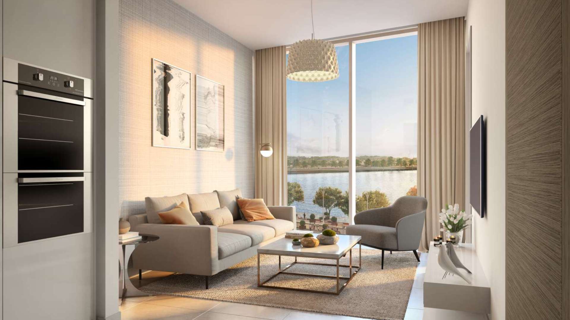 Studio apartment interior at Waves Grande, Sobha Hartland, with large window and modern decor