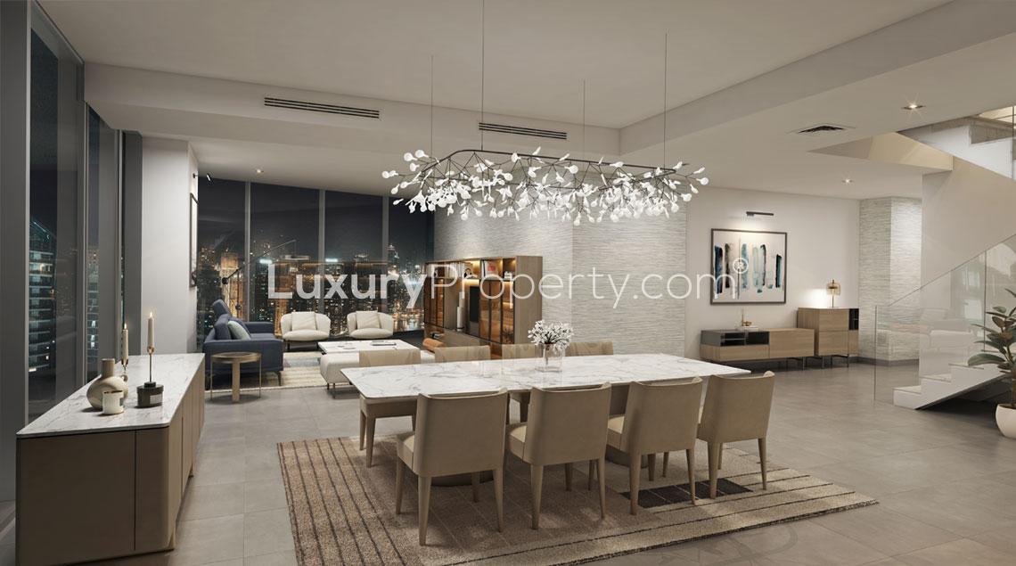 Luxurious living room in two-bedroom apartment at Stella Maris, Dubai Marina, with city views