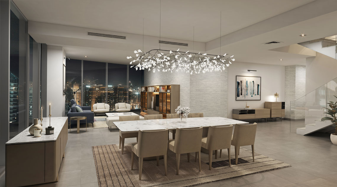 Luxurious living room in two-bedroom apartment at Stella Maris, Dubai Marina, with city views