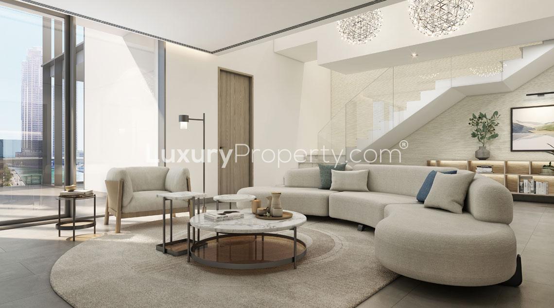 Contemporary living room in 3-bedroom apartment, Stella Maris, Dubai Marina, with modern furnishings