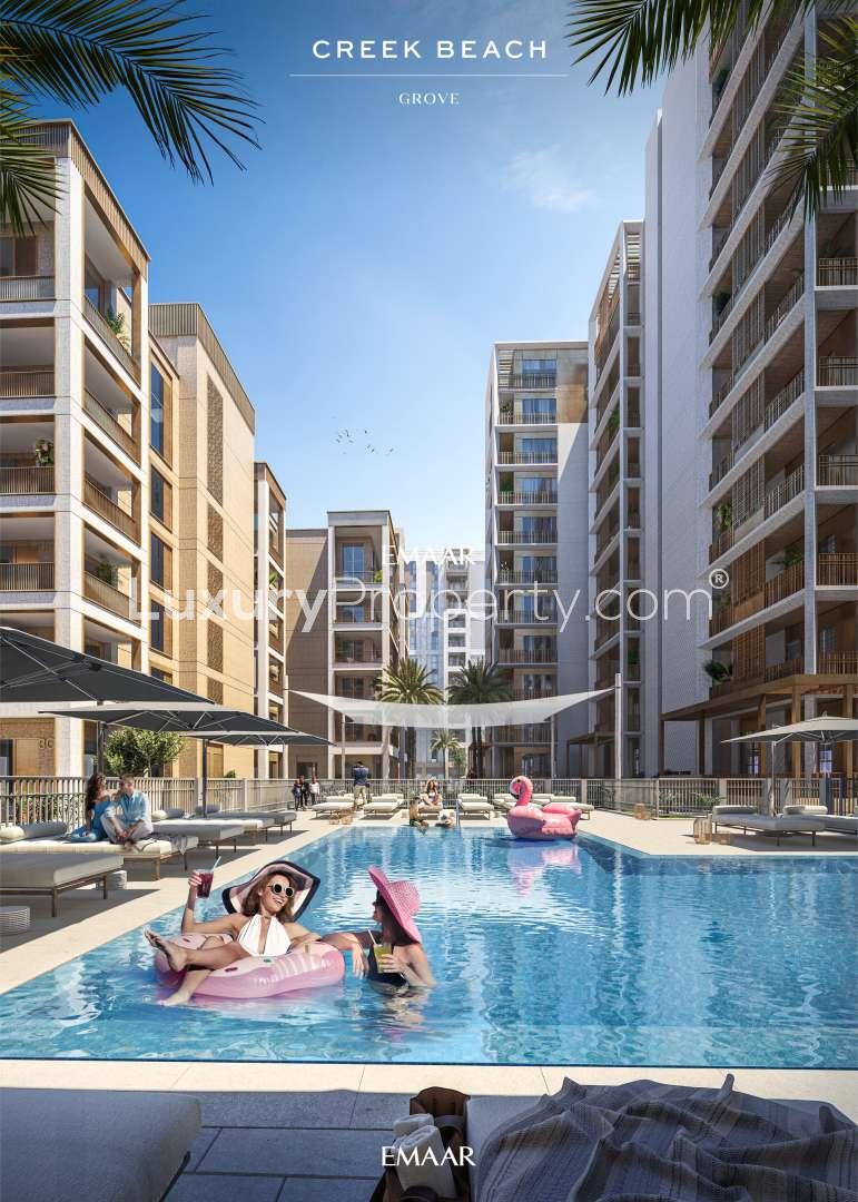 Studio apartment interior at Grove, Creek Beach, Dubai Creek Harbour with scenic window view