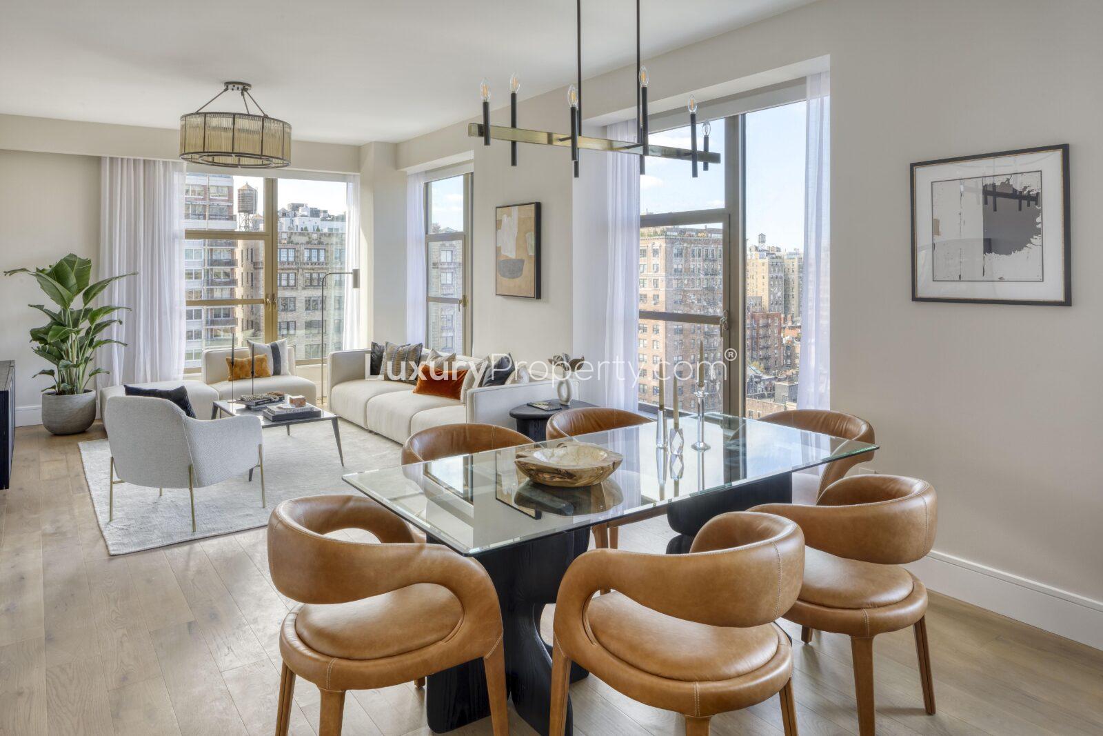 Luxurious Manhattan penthouse living room with fireplace and city views