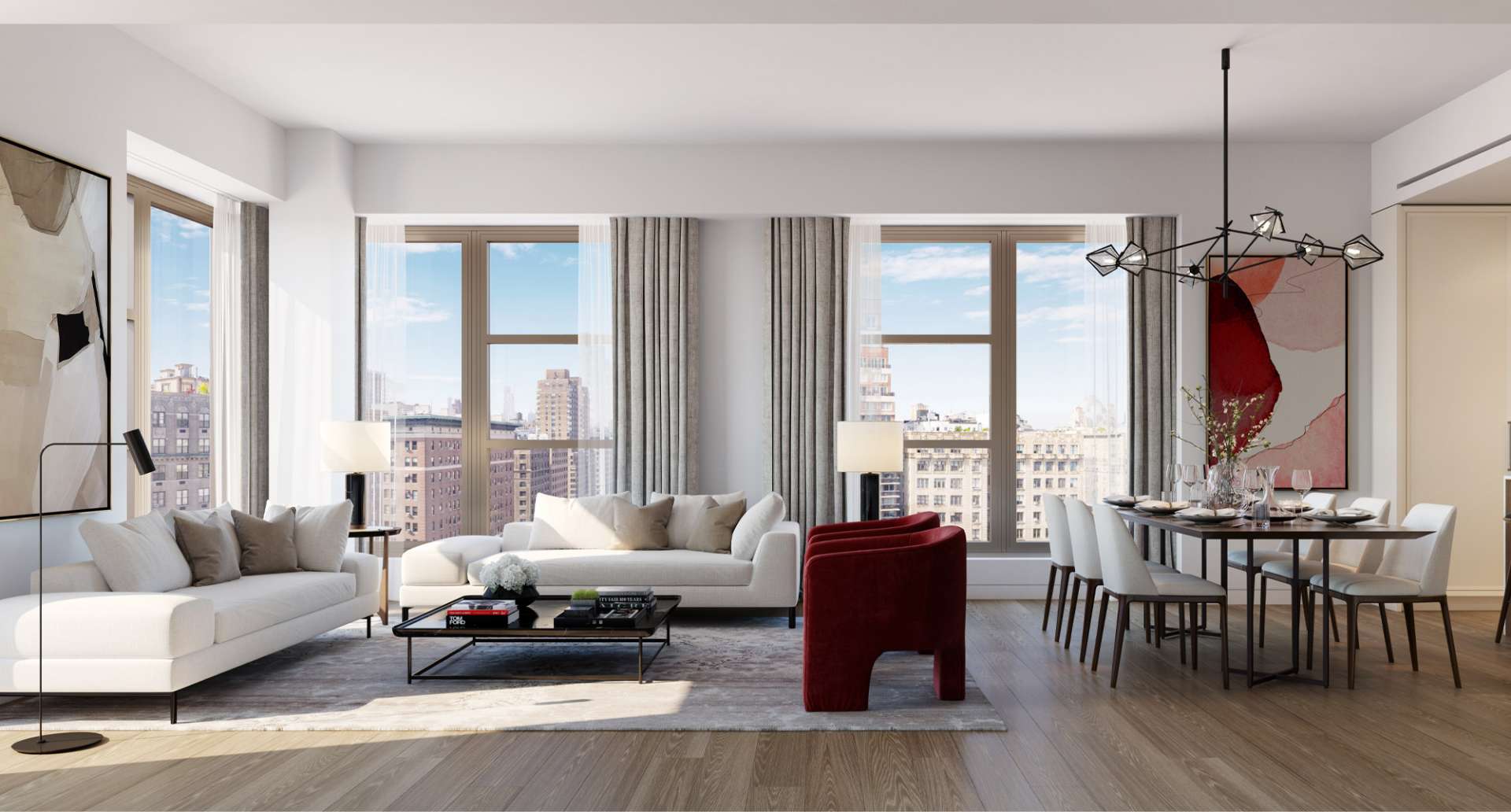 Luxury living room in four-bed Manhattan apartment with fireplace and city views