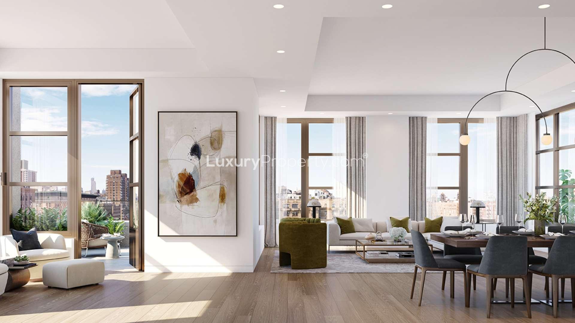 Luxury living room and dining area in four-bed Manhattan apartment, modern decor and city views