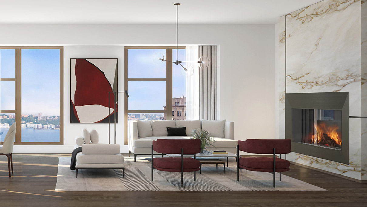 Elegant living-dining area in Manhattan condominium, featuring modern decor and city views
