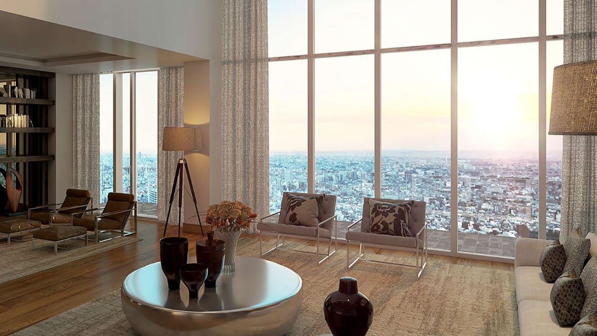 Luxurious living room in Trump Towers apartment, Delhi NCR, with cityscape views at sunset