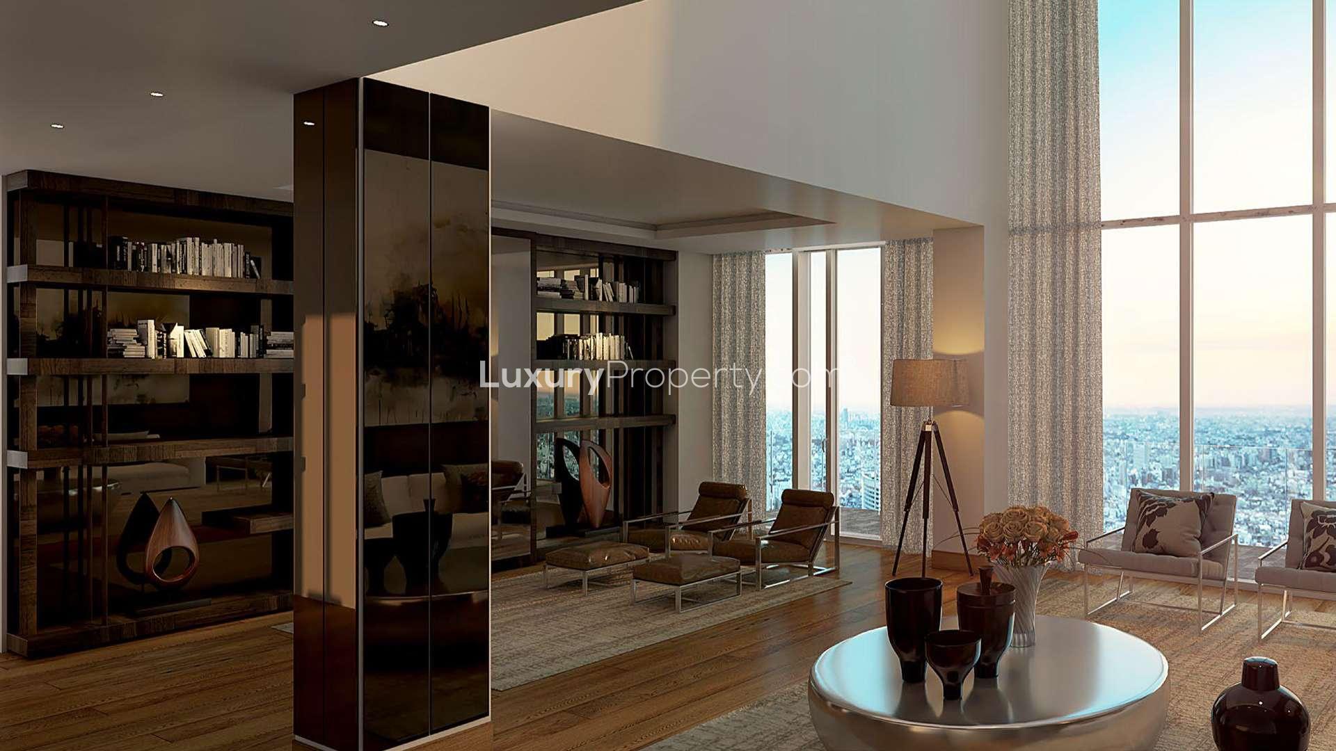 Luxurious Trump Towers lobby with elegant seating and modern decor in Delhi NCR apartment