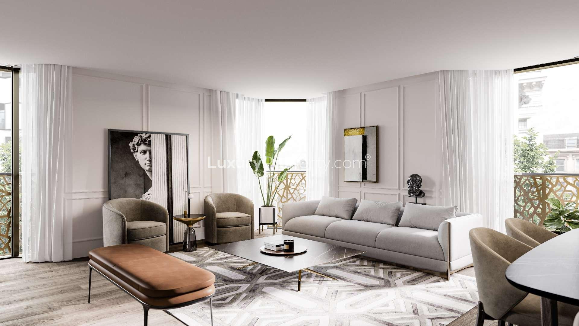 Luxurious living room in W1 Place, London apartment with modern decor and natural light