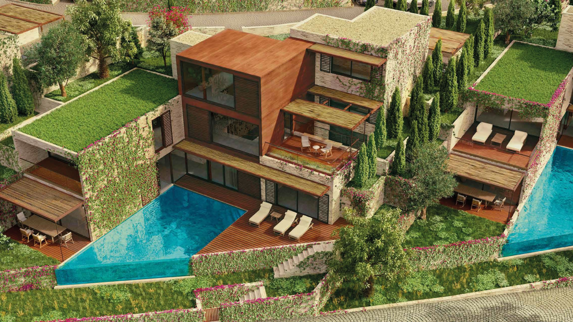 Modern villas with lush greenery and pool in Primosten, Adriatic Coast, Croatia