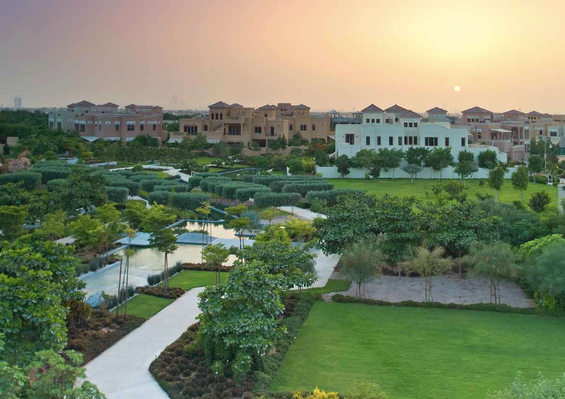 Aerial view of lush green landscape in Al Barari residential property for sale