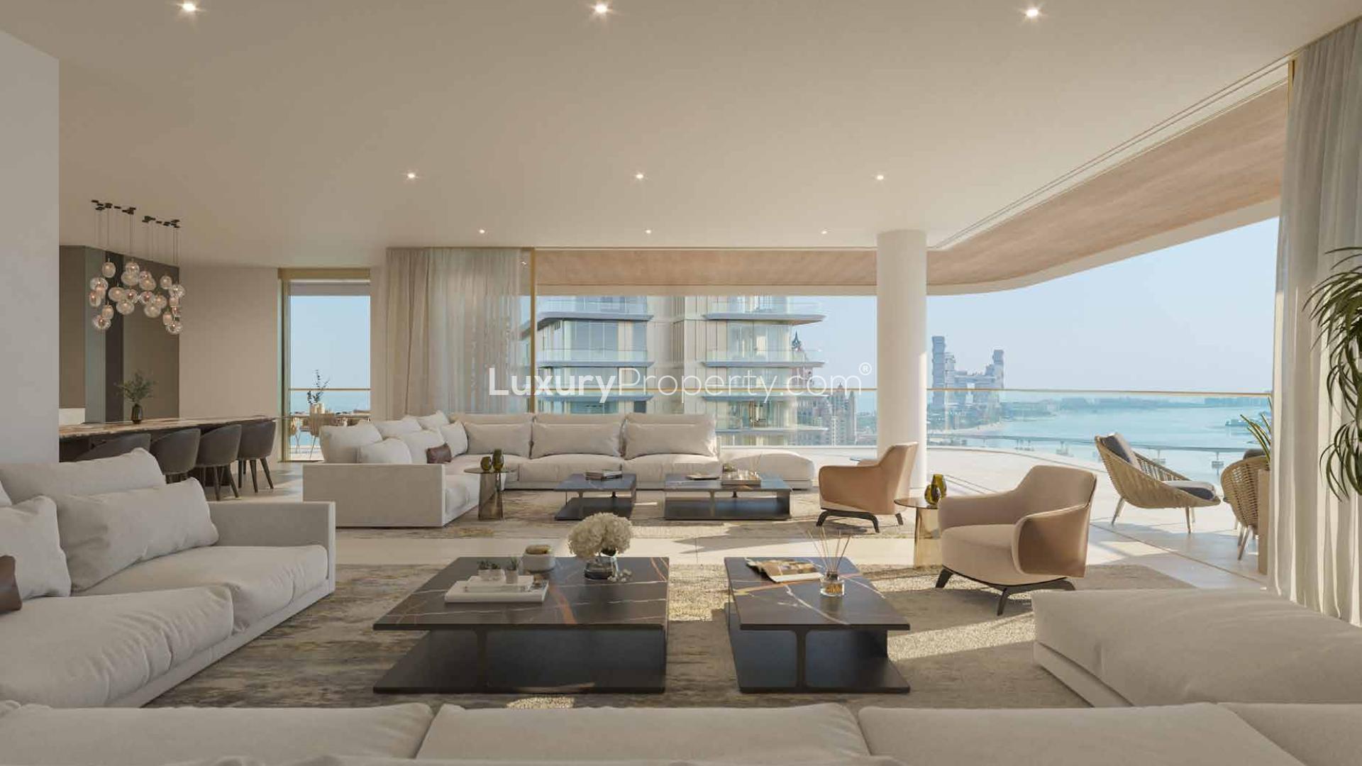 Luxurious penthouse building in Serenia Living, Palm Jumeirah, beachfront view at sunset