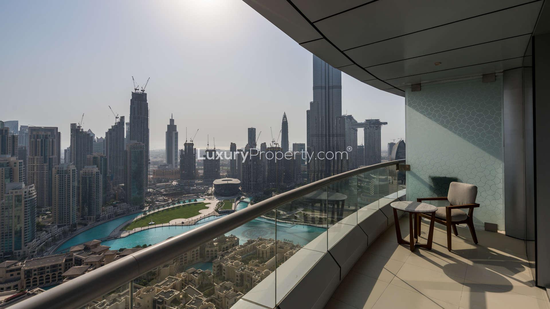 Spacious living room with modern furniture and stunning Downtown Dubai skyline views