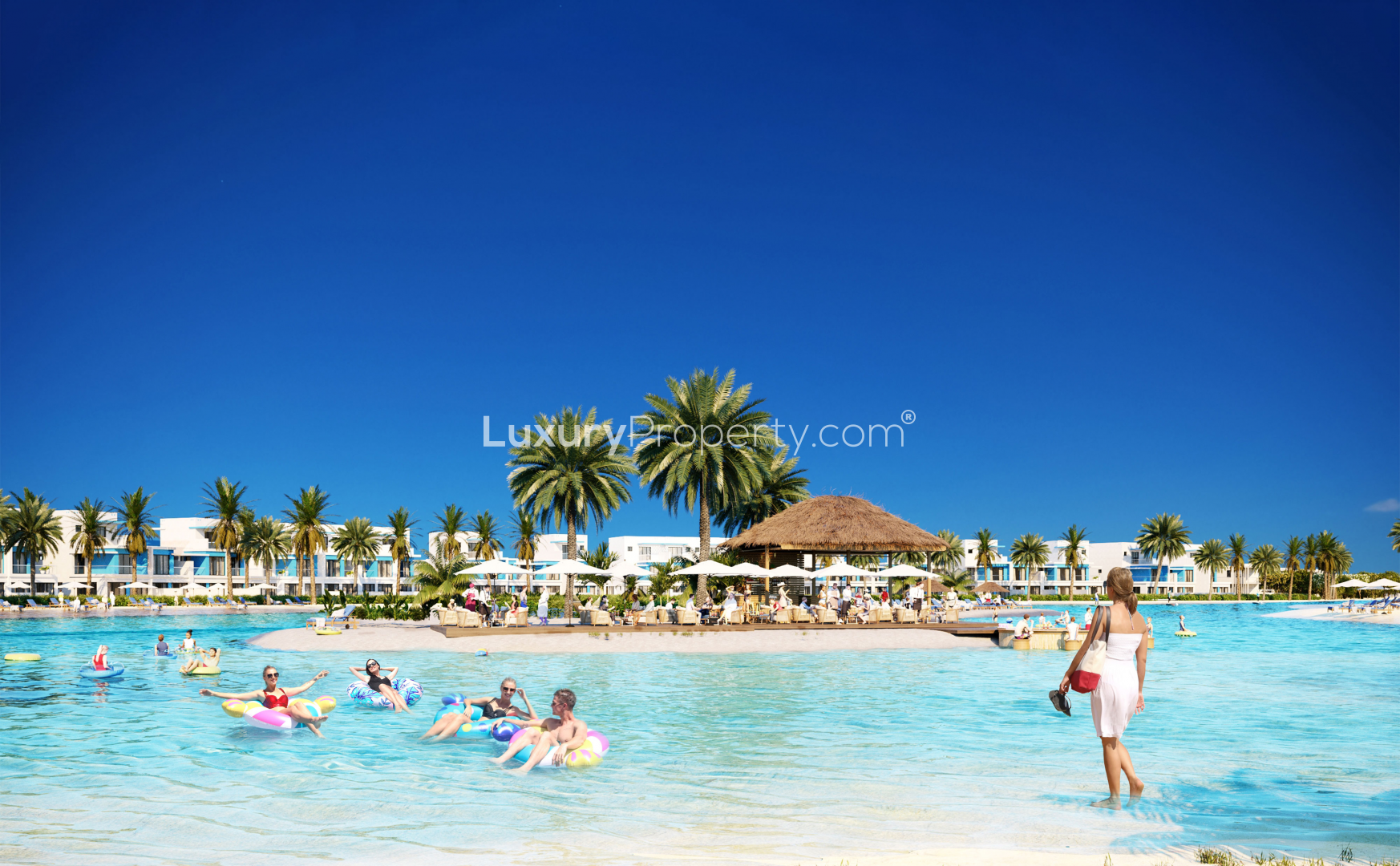 Luxurious lagoon view at Damac Lagoons Townhouses, Dubai, with palm trees and clear water