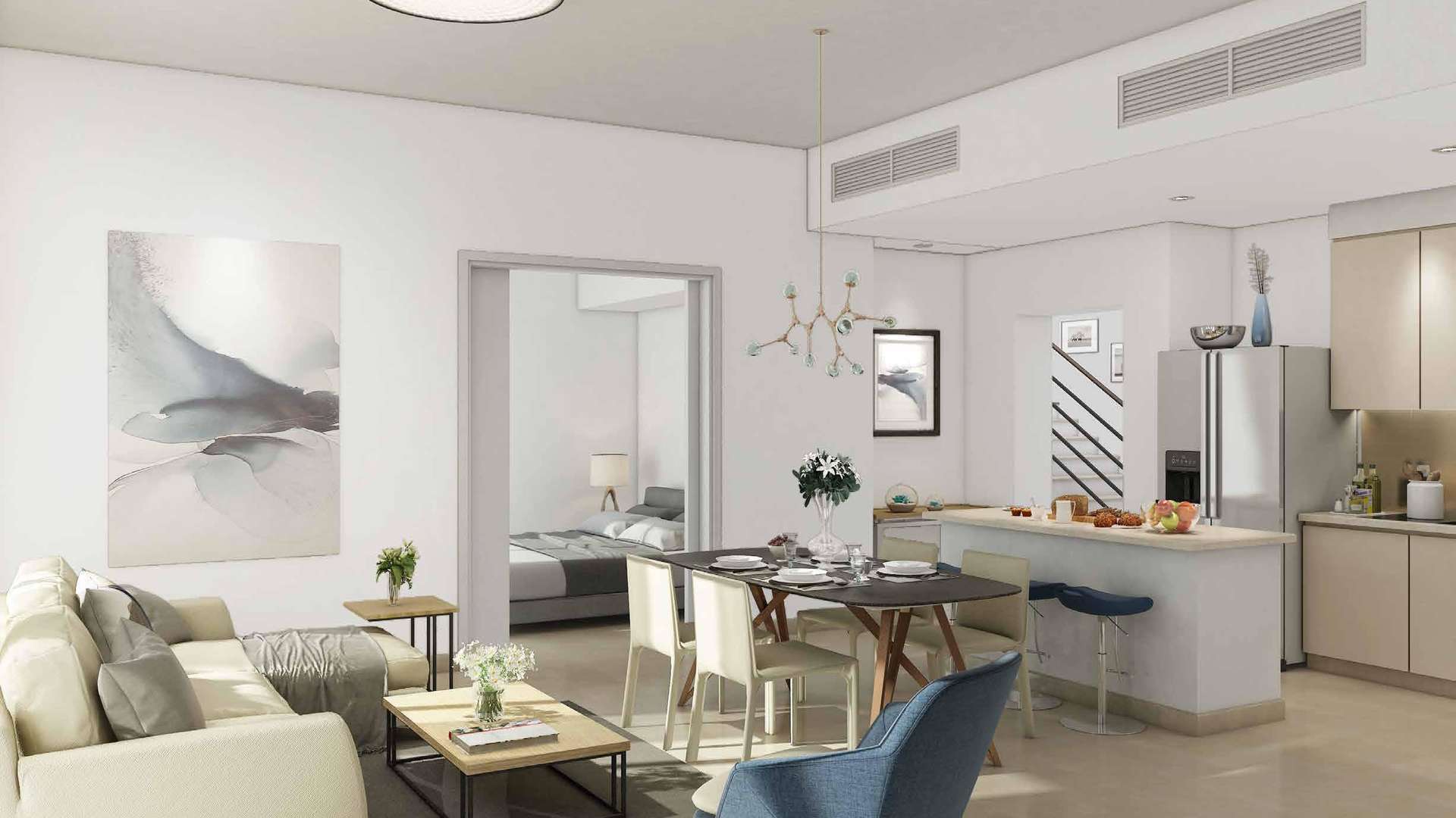 Luxurious open-plan living room and kitchen in Naseem Townhouse, Dubai Town Square