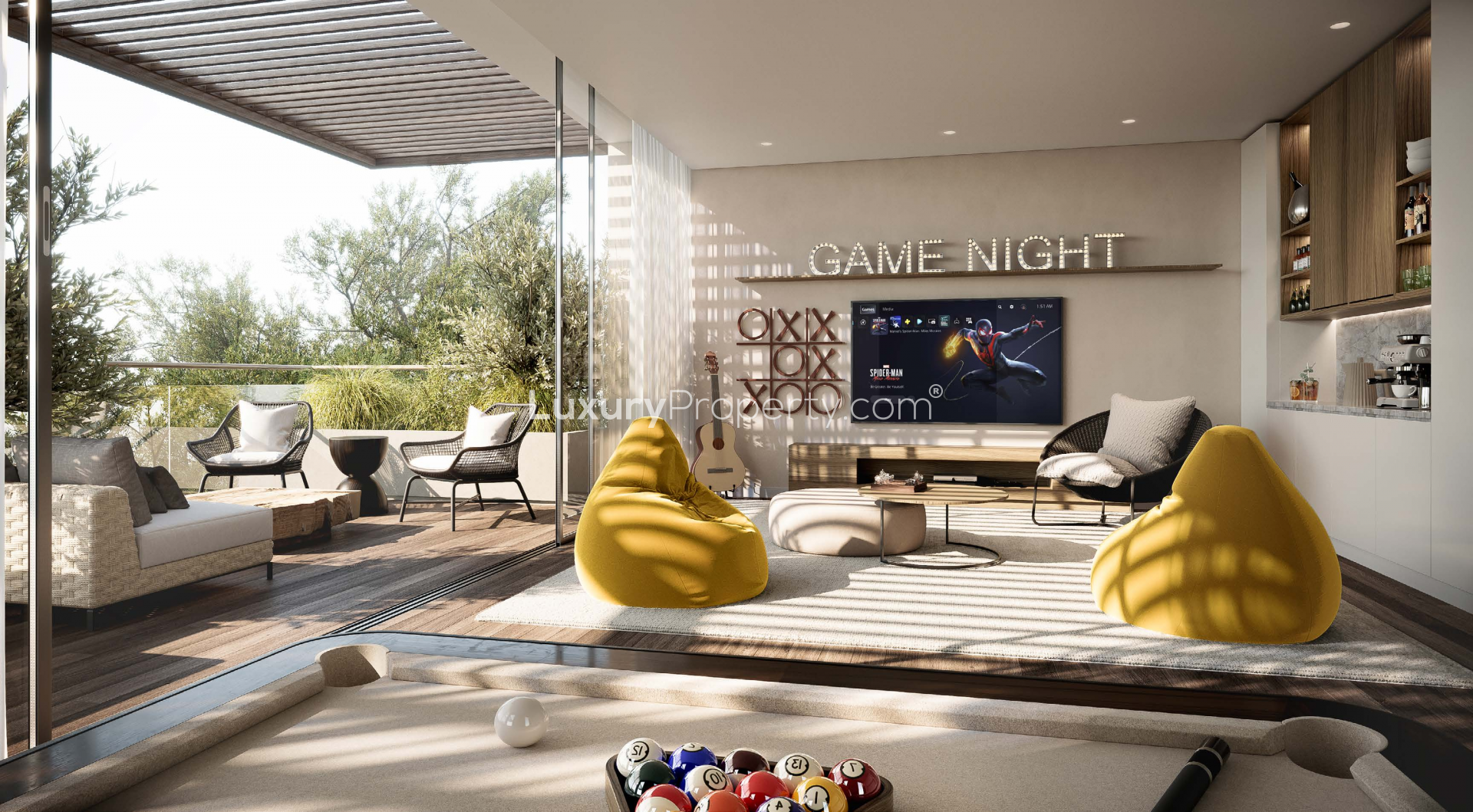 Luxurious poolside lounging area at Alaya Premium Villas, Tilal Al Ghaf, for sale