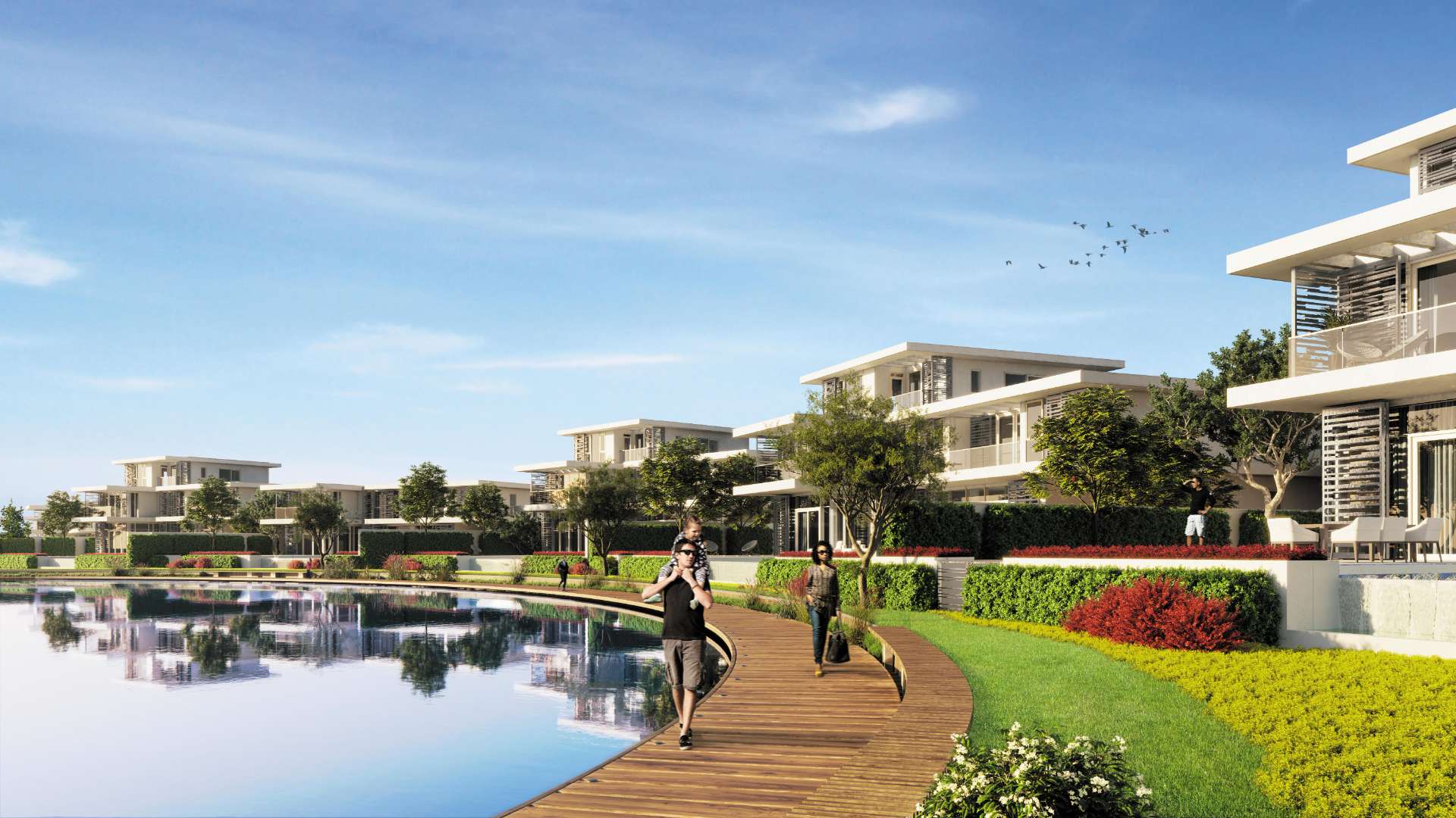 Contemporary four-bedroom villa exterior with garage at Aura, Tilal Al Ghaf community for sale