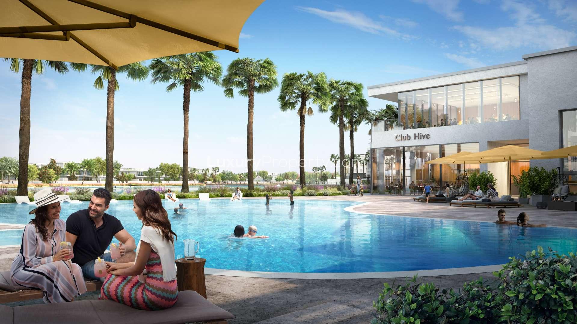 Contemporary villa with lake view at sunset in Aura, Tilal Al Ghaf