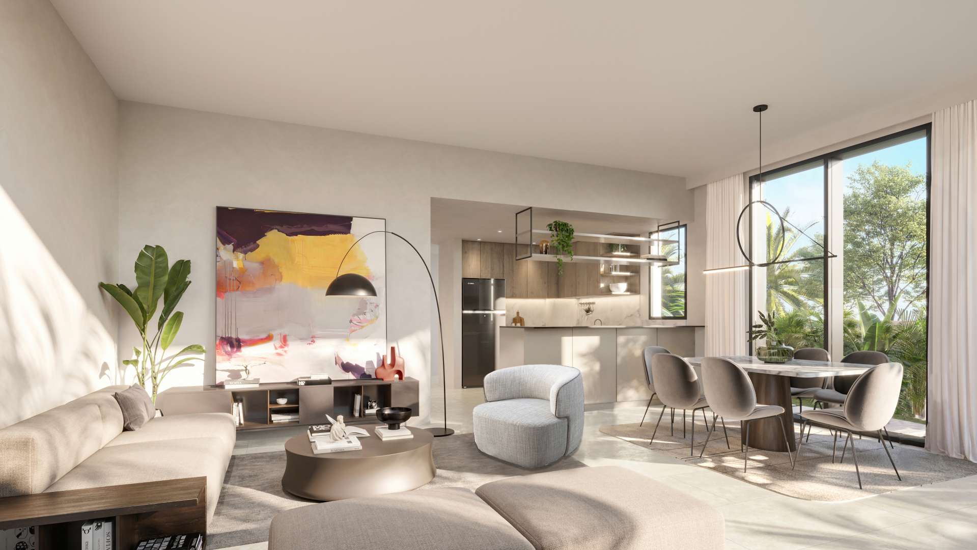 Luxurious living room in 3-bedroom townhouse, Aura Gardens, Tilal Al Ghaf, modern design