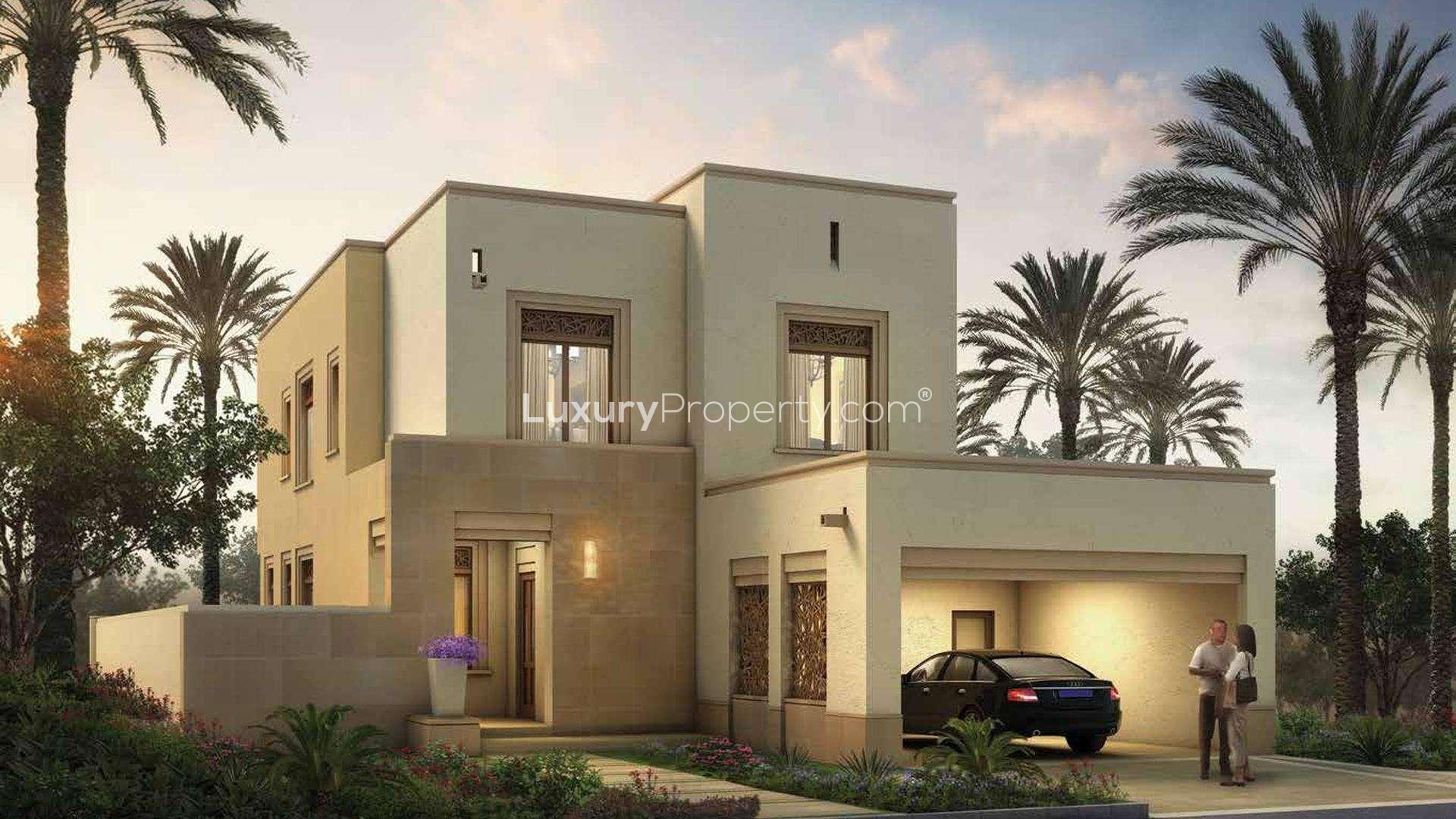 Ultramodern villa exterior at Azalea, Arabian Ranches 2, Dubai, with patio and garden views