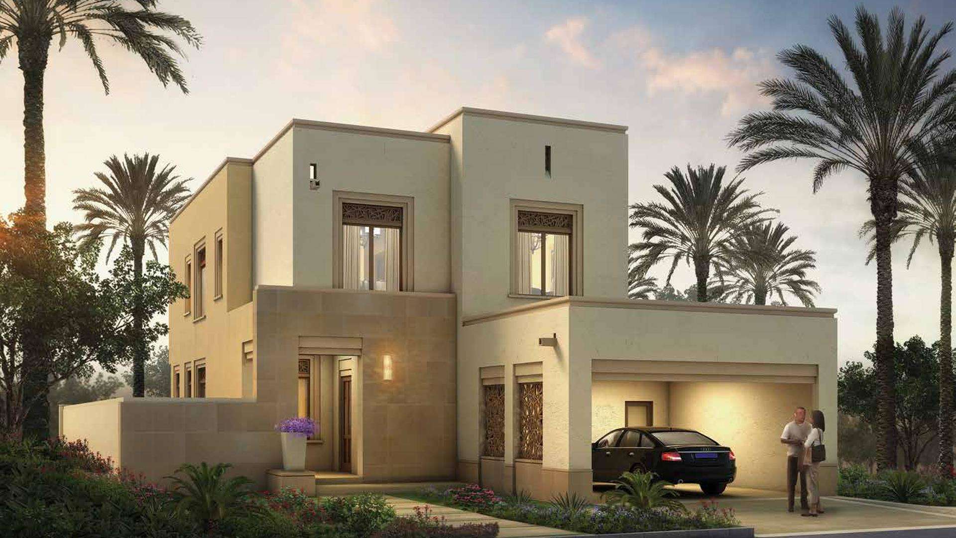 Ultramodern villa exterior at Azalea, Arabian Ranches 2, Dubai, with patio and garden views