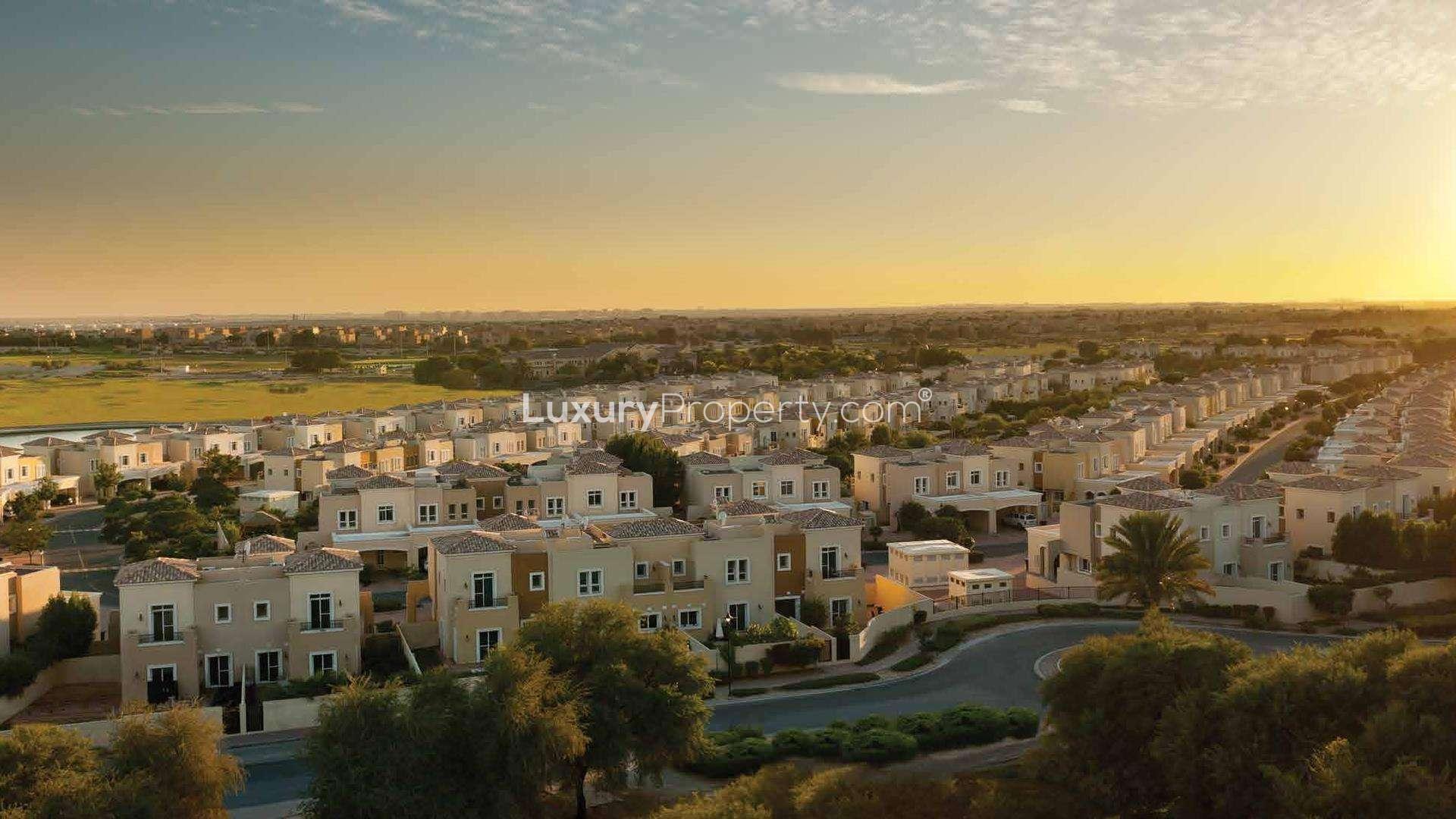 Ultramodern villa exterior at Azalea, Arabian Ranches 2, Dubai, with garden and driveway