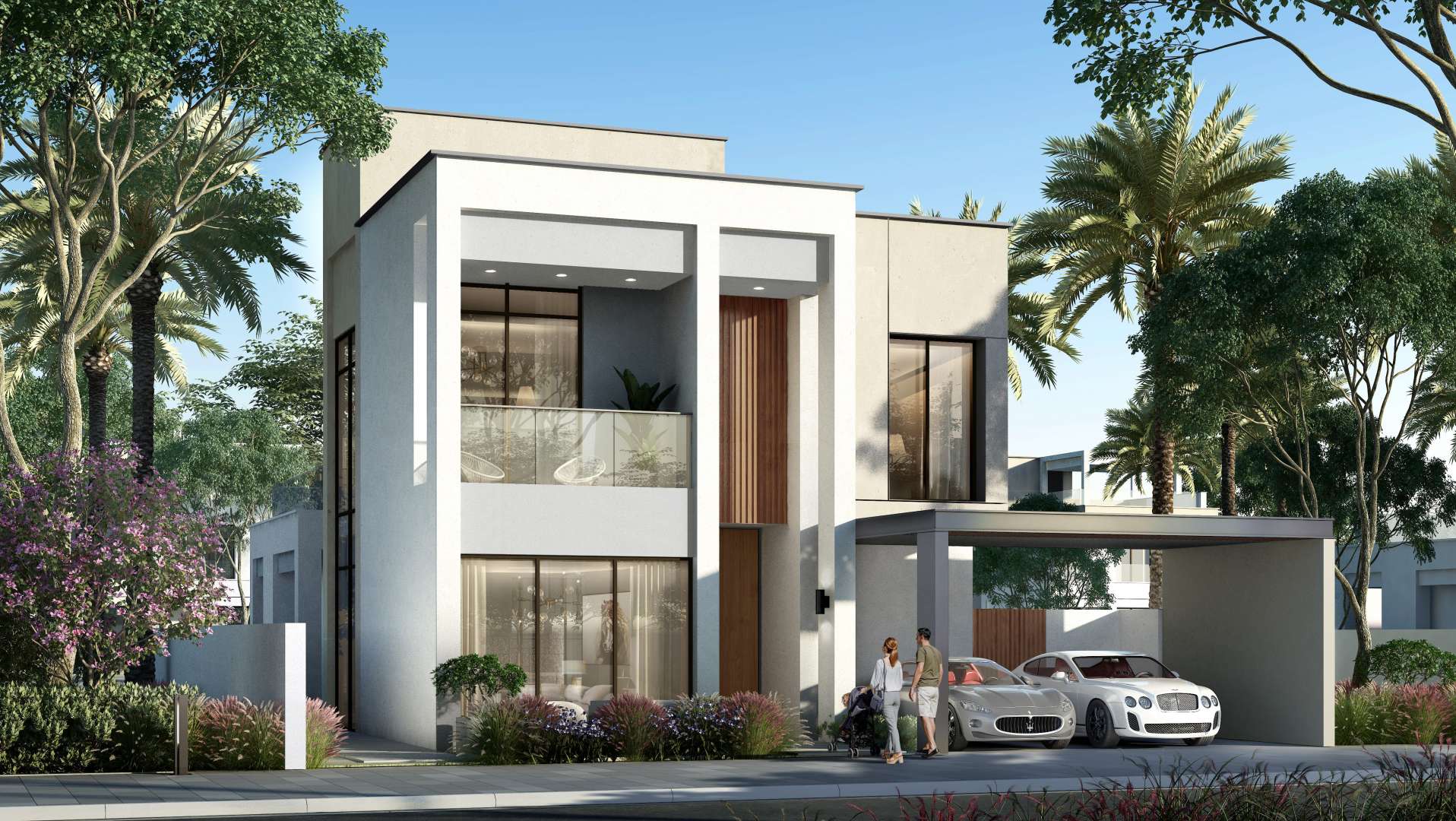 Tennis court and lush greenery in Arabian Ranches 3, Caya community, near contemporary villas