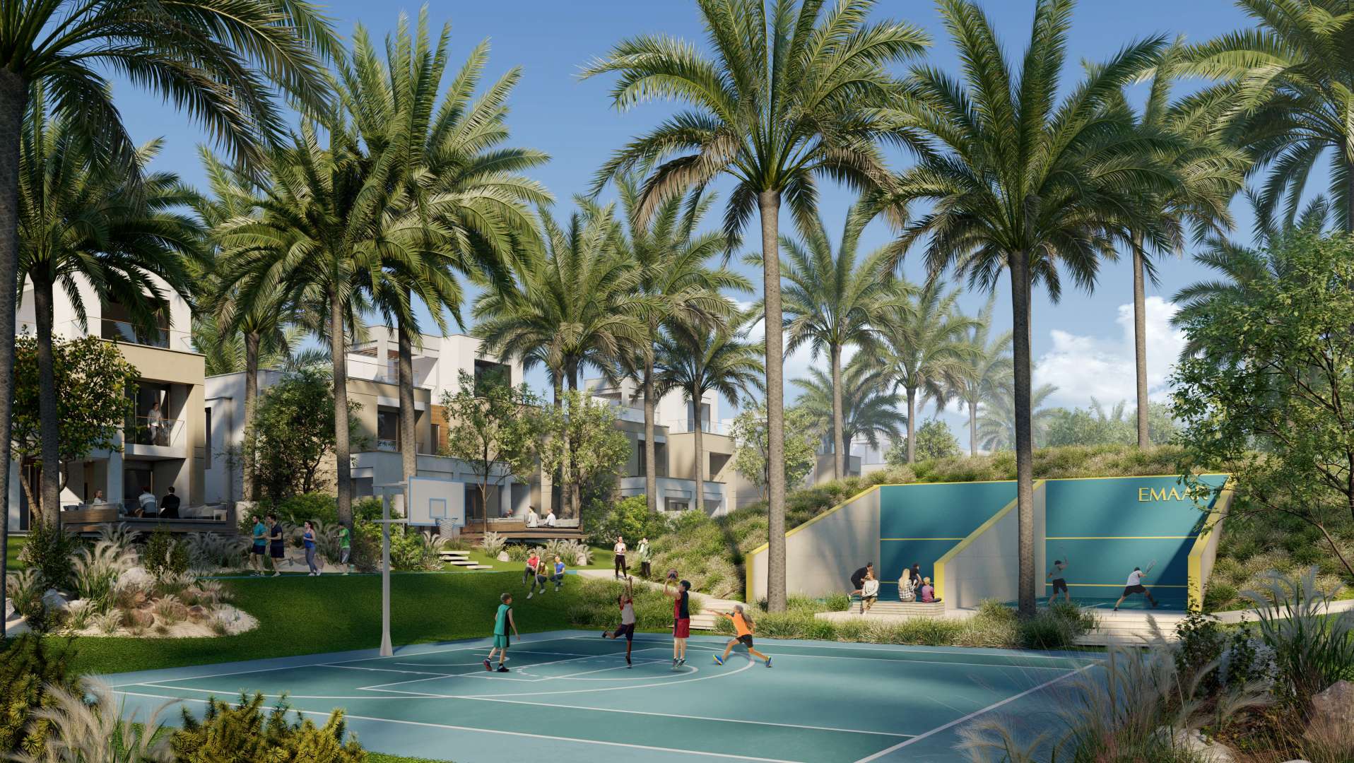 Outdoor seating area in lush garden of Caya villa, Arabian Ranches 3