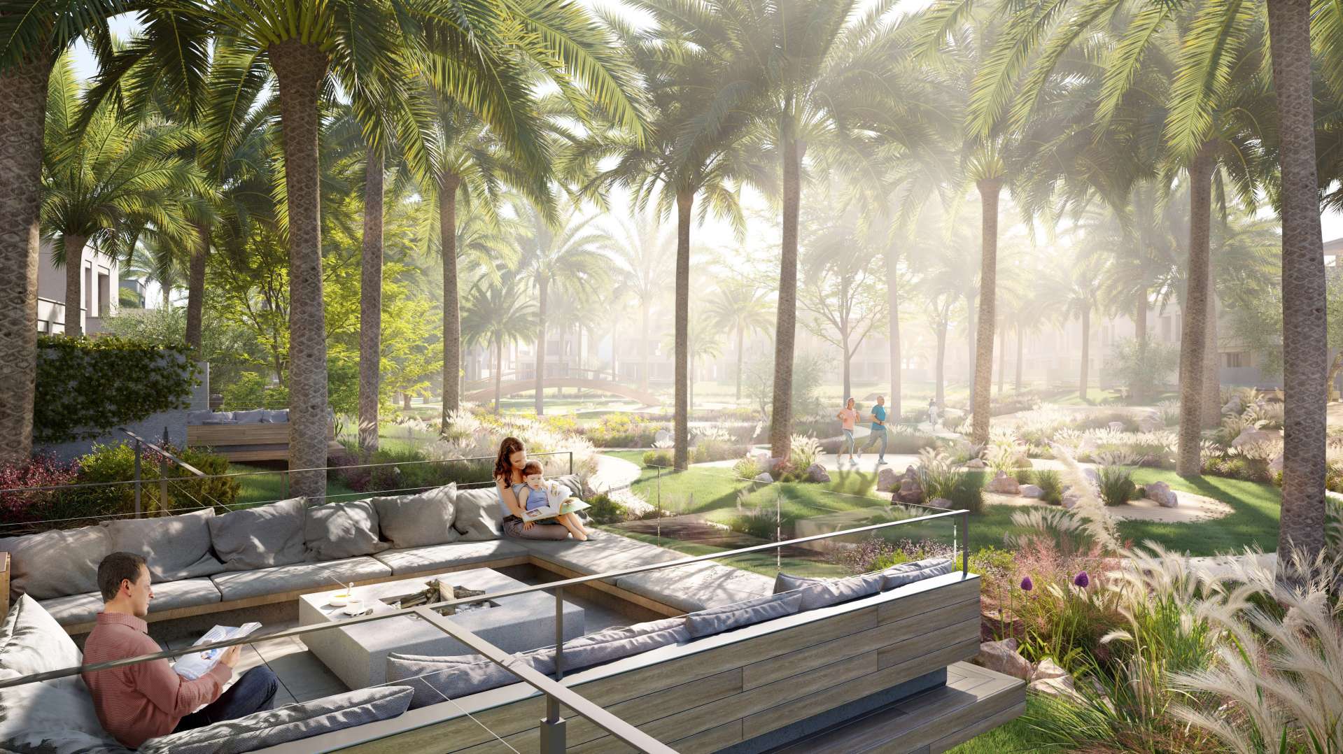 Luxurious villa terrace with dining area and garden view in Caya, Arabian Ranches III