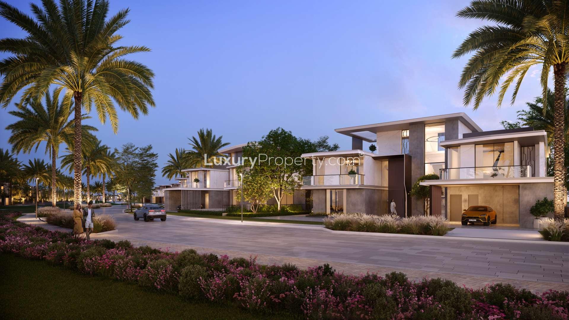 Dubai Hills Vista luxury villa community with golf course view and palm-lined pathway