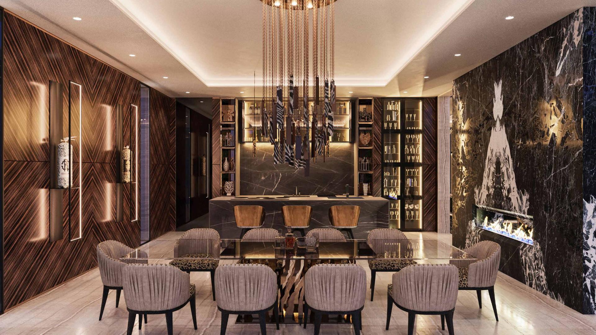 Luxurious dining room in seven-bedroom villa, Damac Hills, featuring elegant decor and large table