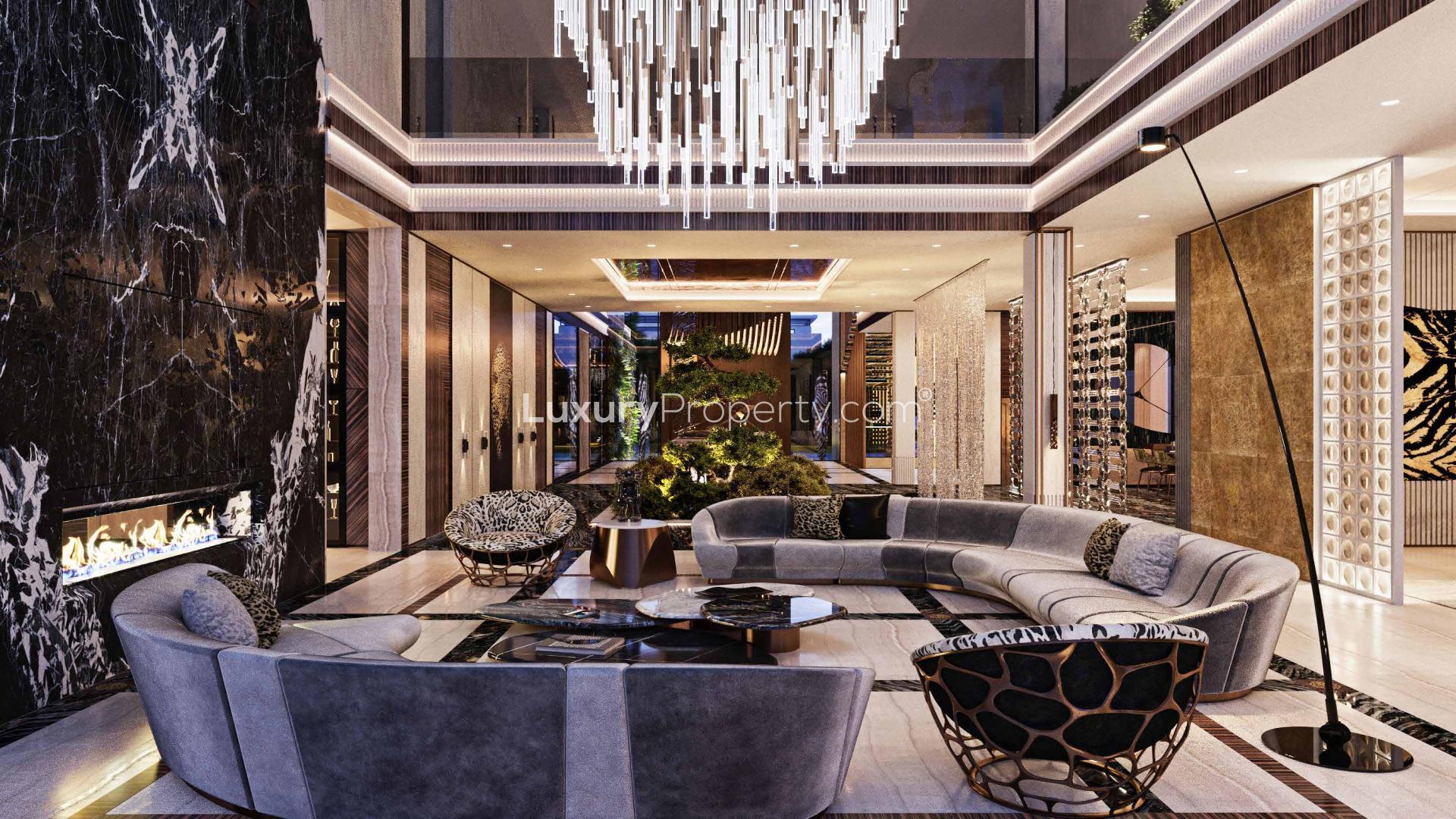 Luxurious seven-bedroom villa exterior at sunset in Damac Hills community, available for sale