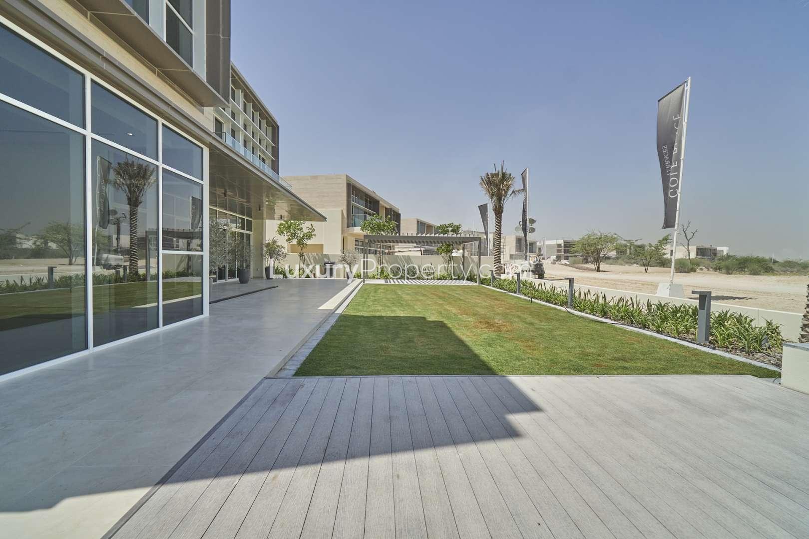 Modern 6-bedroom villa exterior with garden in Golf Place, Dubai Hills Estate