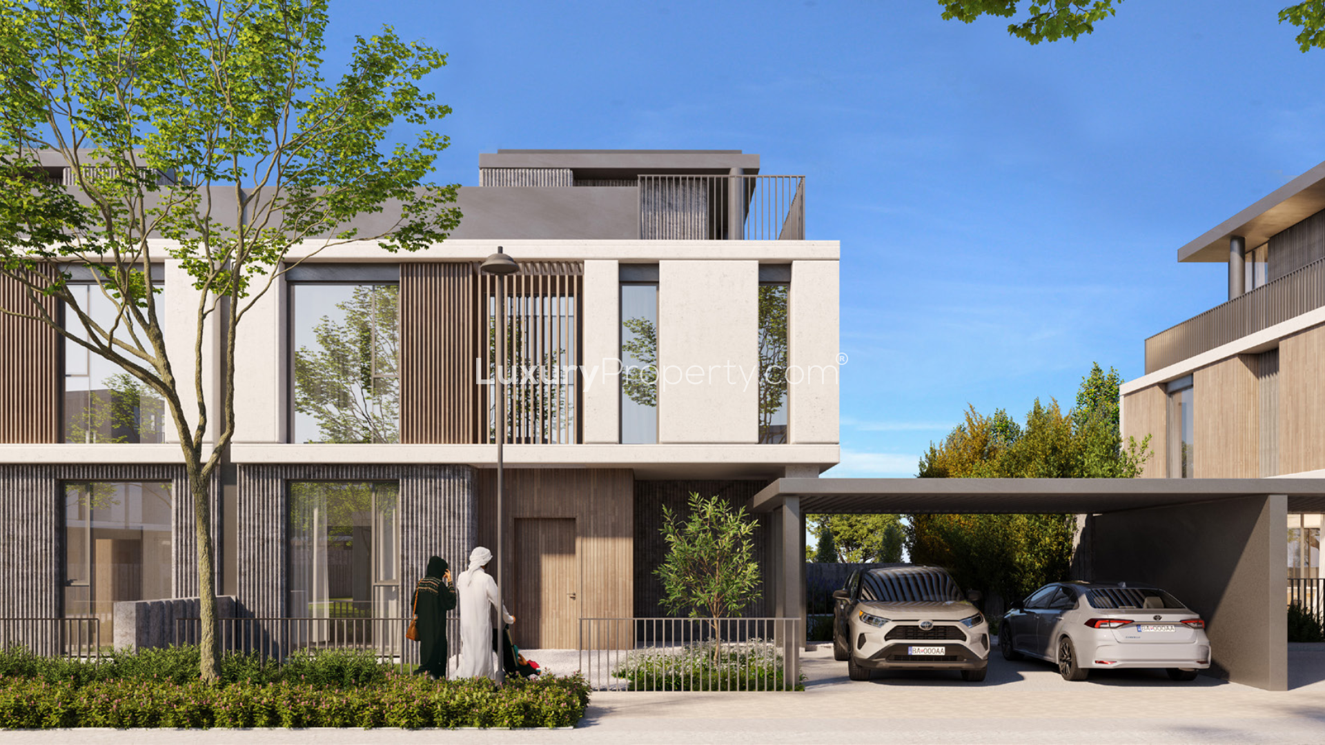 Modern five-bedroom villa exterior with carport in June, Arabian Ranches III, for sale