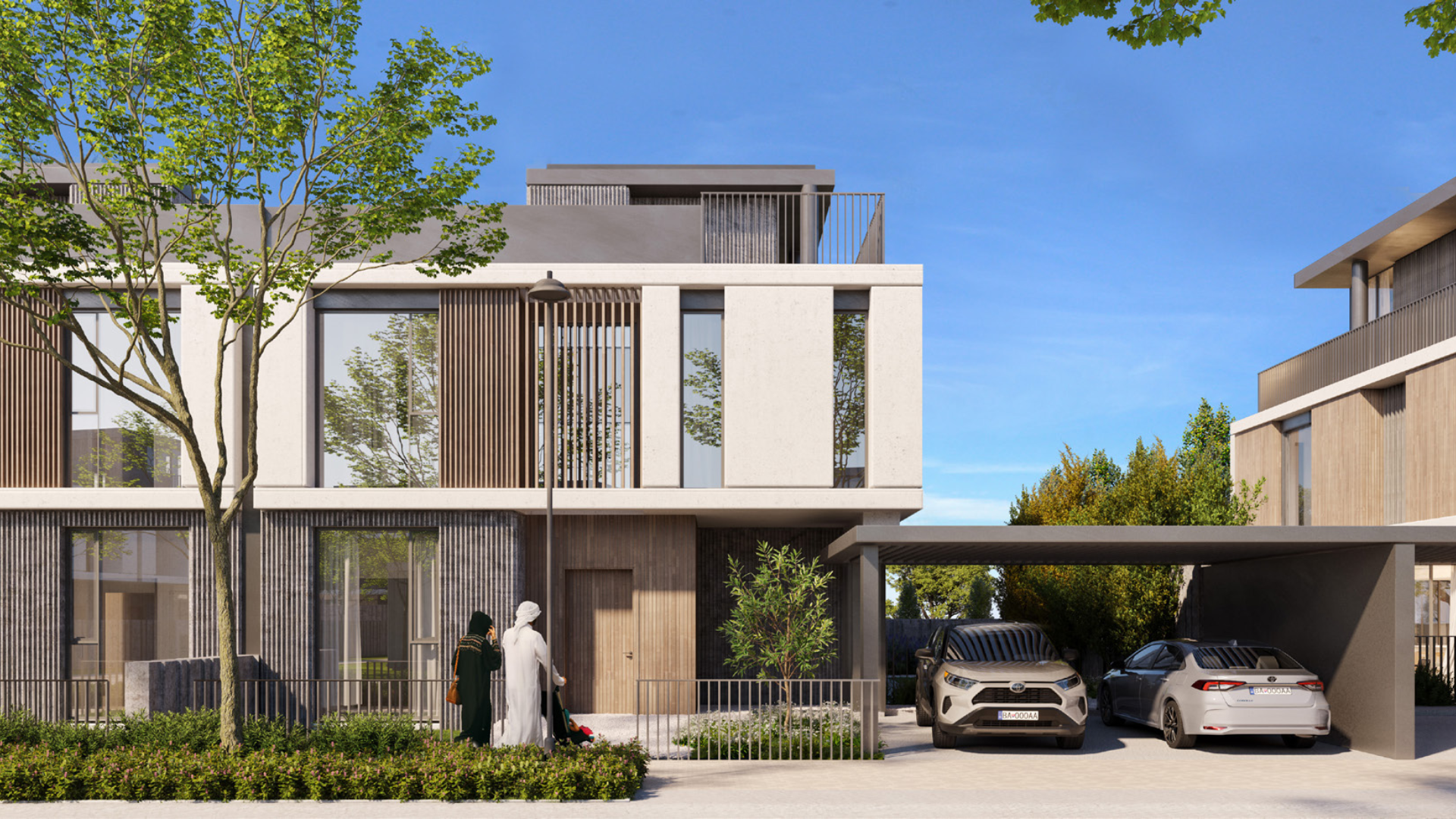 Modern five-bedroom villa exterior with carport in June, Arabian Ranches III, for sale