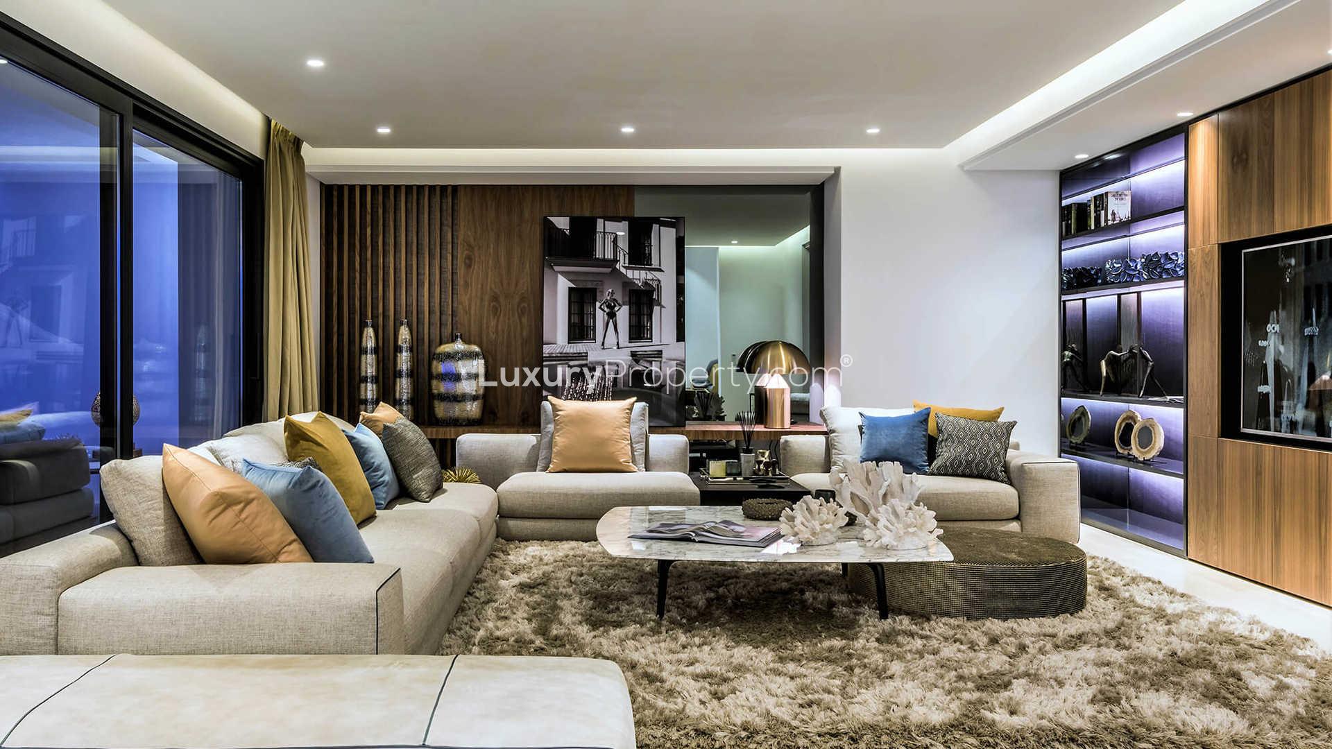 Modern interior of beachfront villa in Marbella, featuring elegant decor and natural light