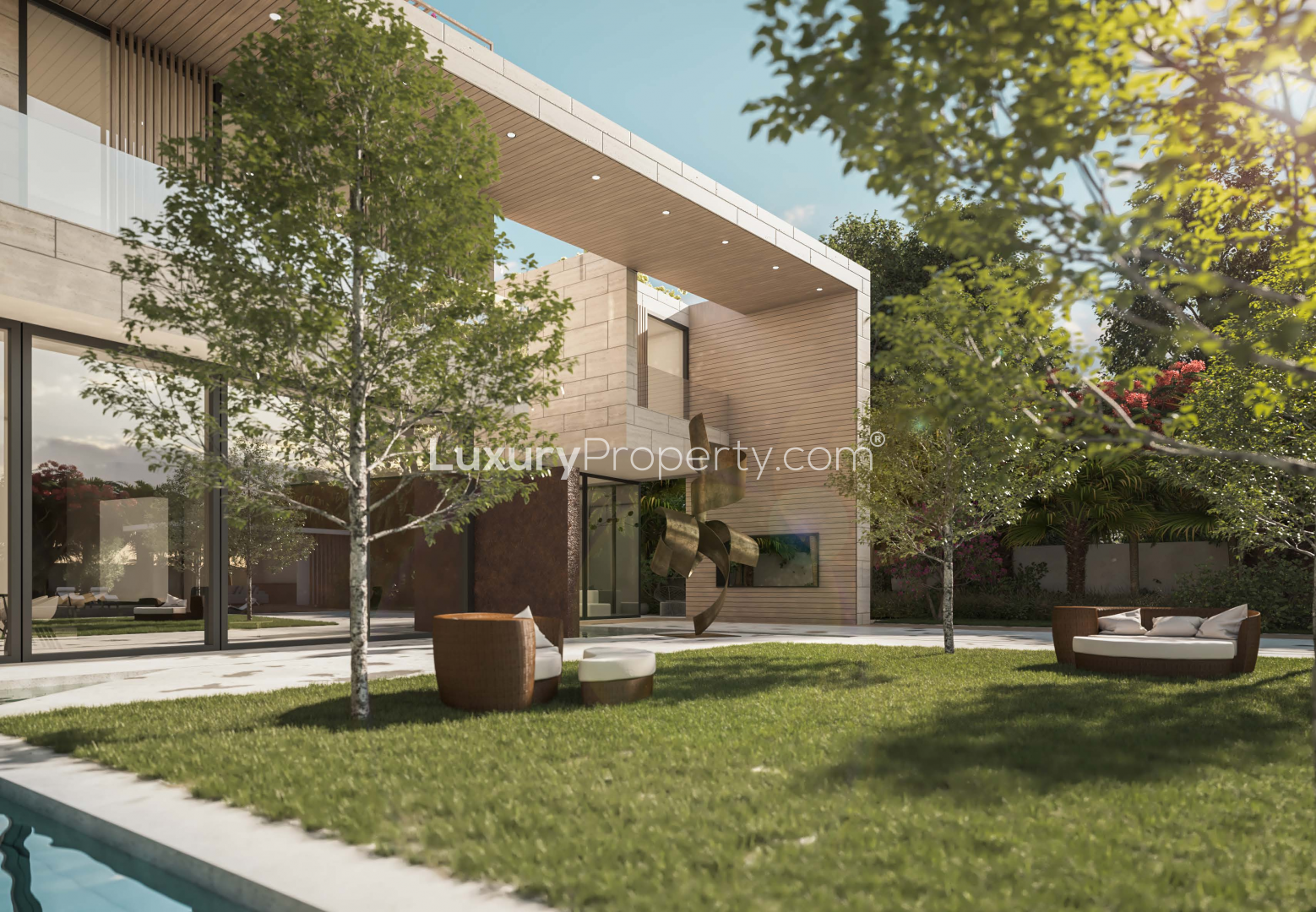 Scenic view of lush greenery and pond at Lunaria Villas, Al Barari community