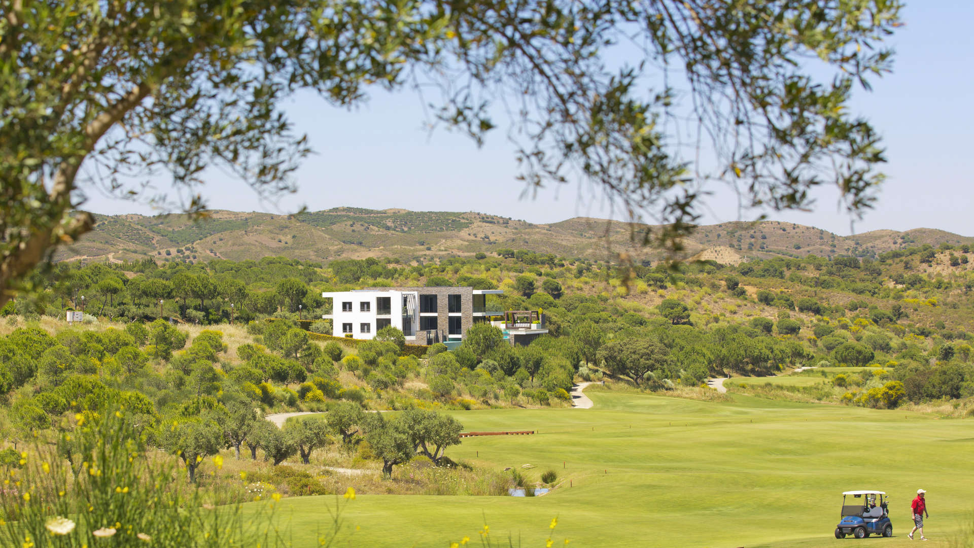 Aerial view of luxury villas in Monte Rei, Algarve, Portugal with scenic landscape