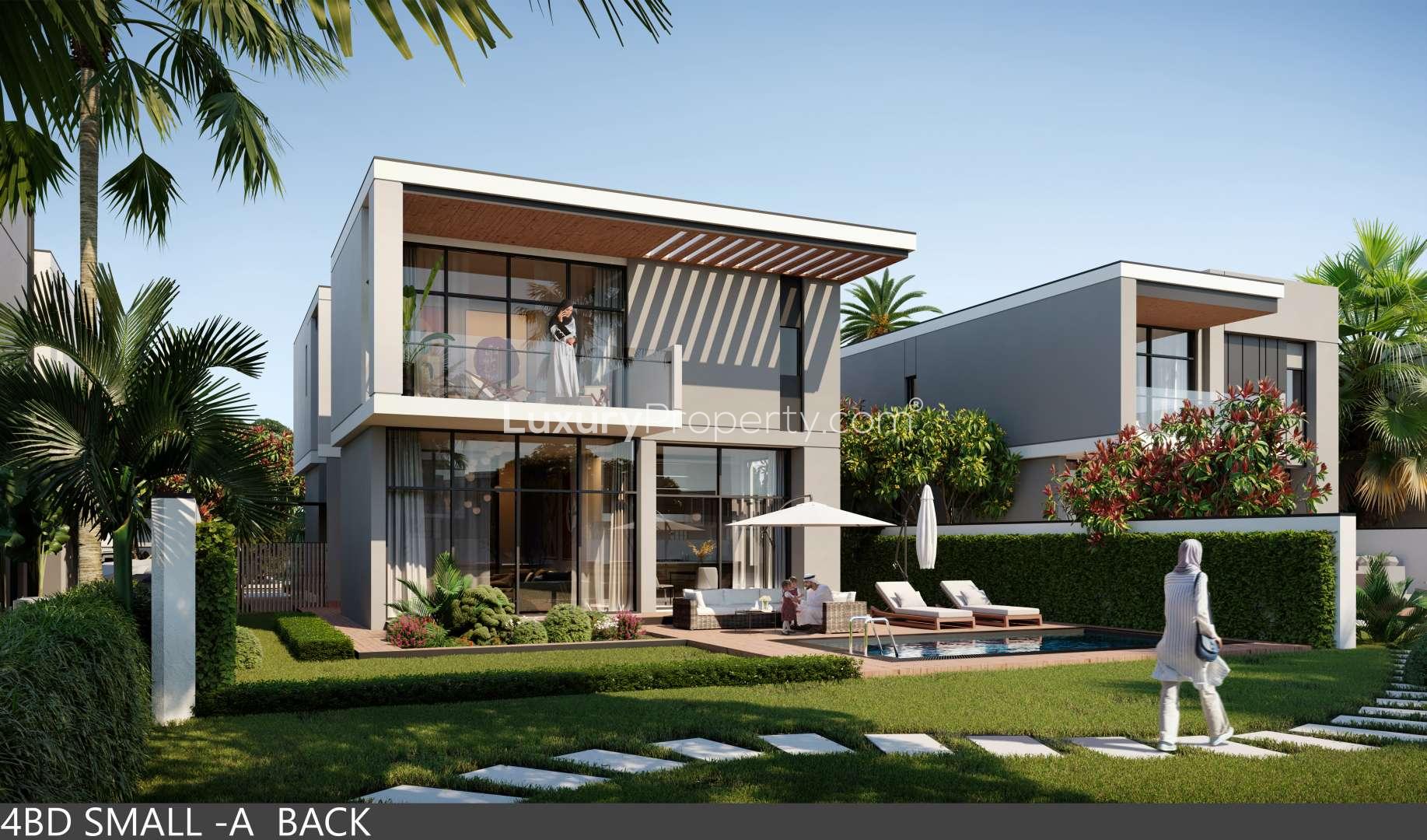 Aerial view of luxury villas in Murooj Al Furjan, surrounded by lush greenery and roads