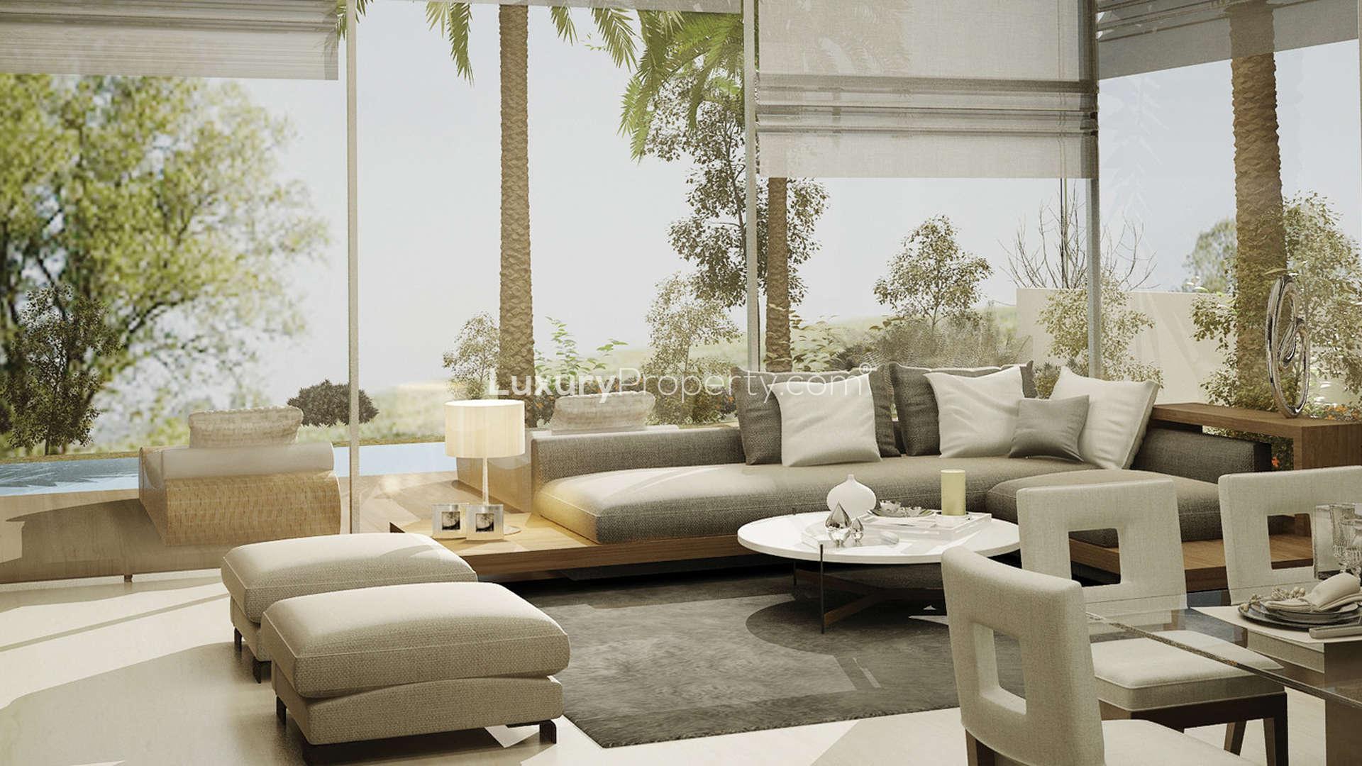 Luxurious living room in Nudra Villa, Saadiyat Island, Abu Dhabi, with modern decor