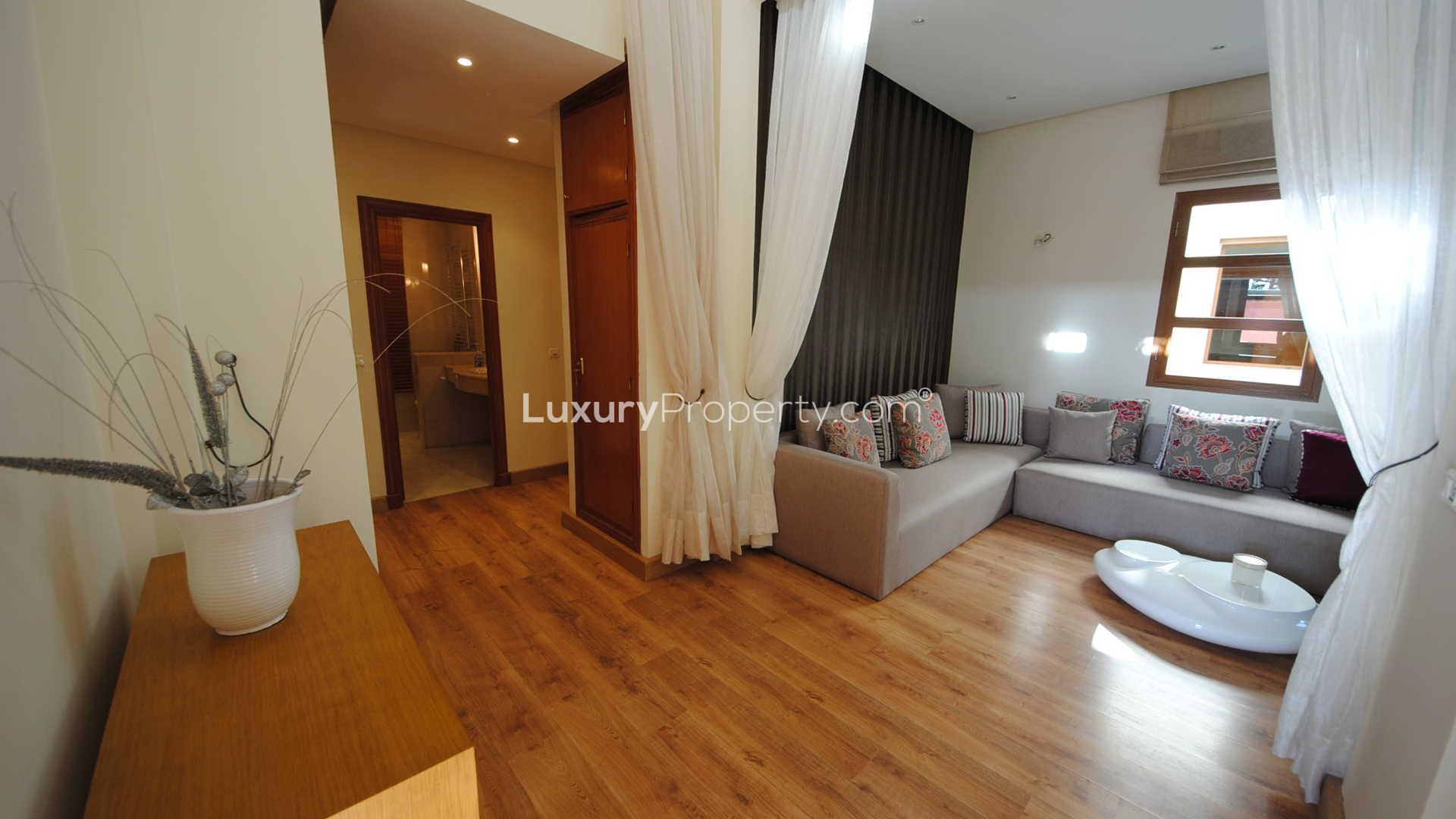 Luxurious Moroccan estate garden view with palm trees in Rabat villa for sale