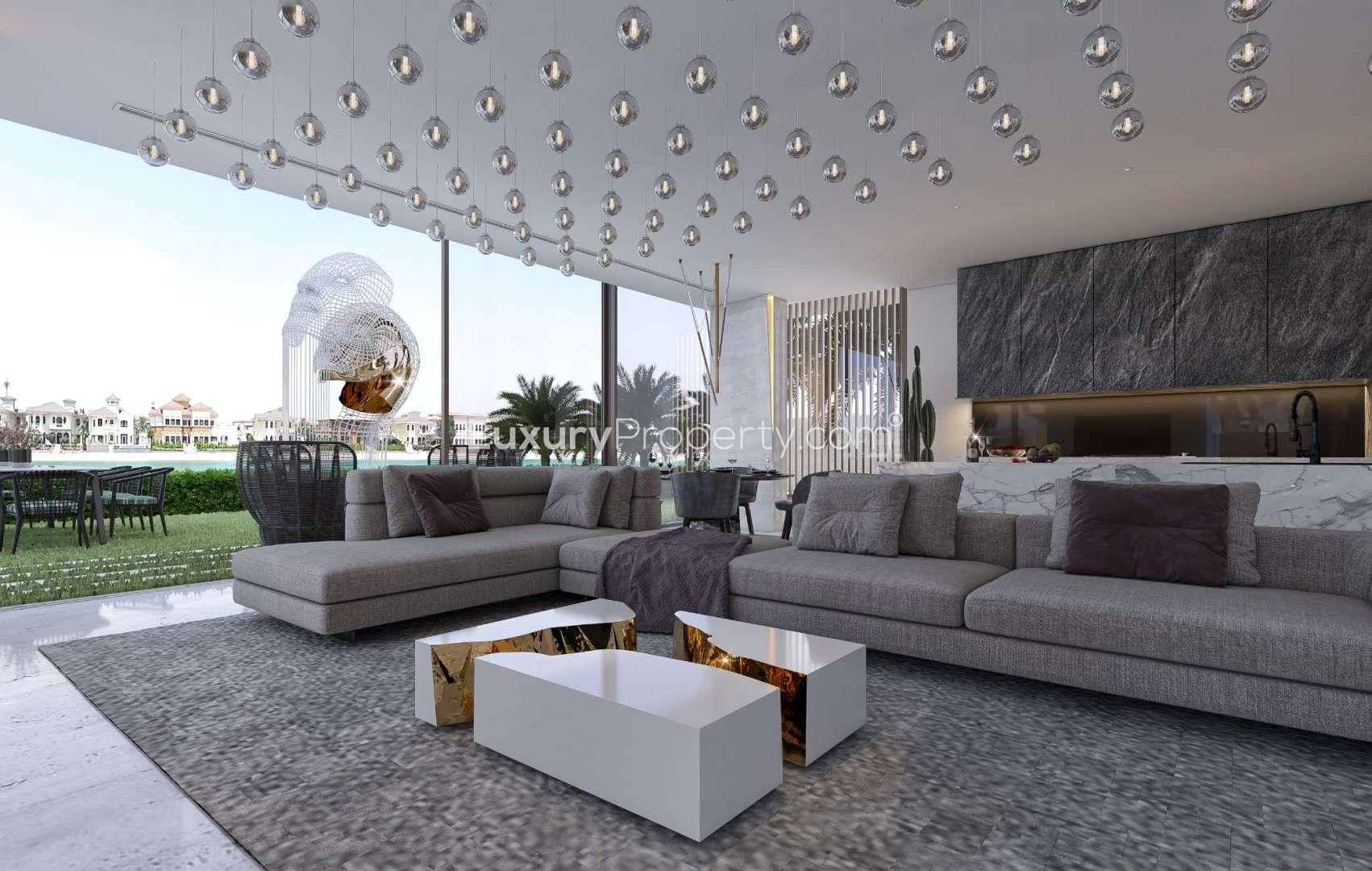 Contemporary villa interior with sleek design and illuminated wall at Palm Jumeirah