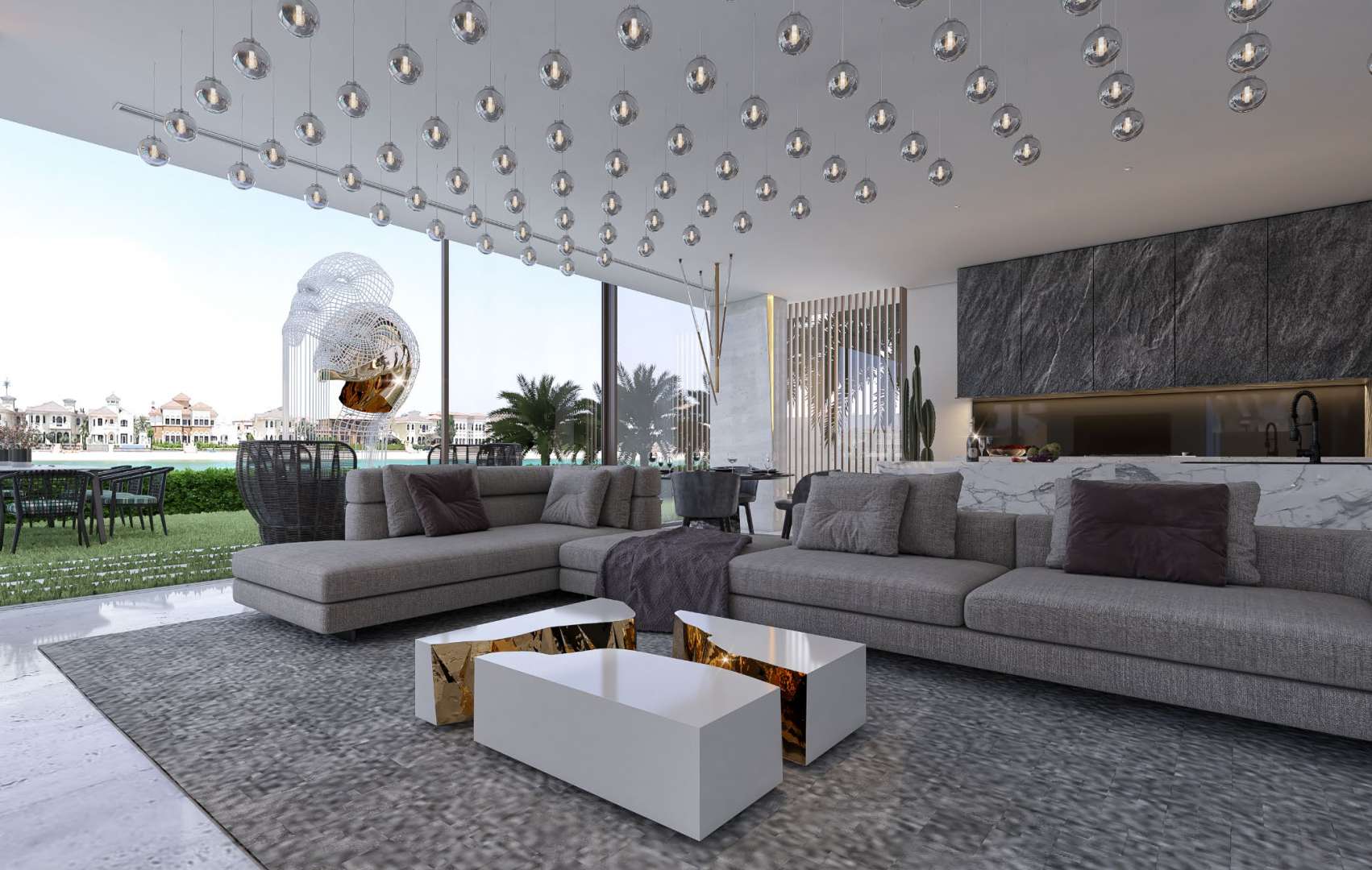 Contemporary villa interior with sleek design and illuminated wall at Palm Jumeirah