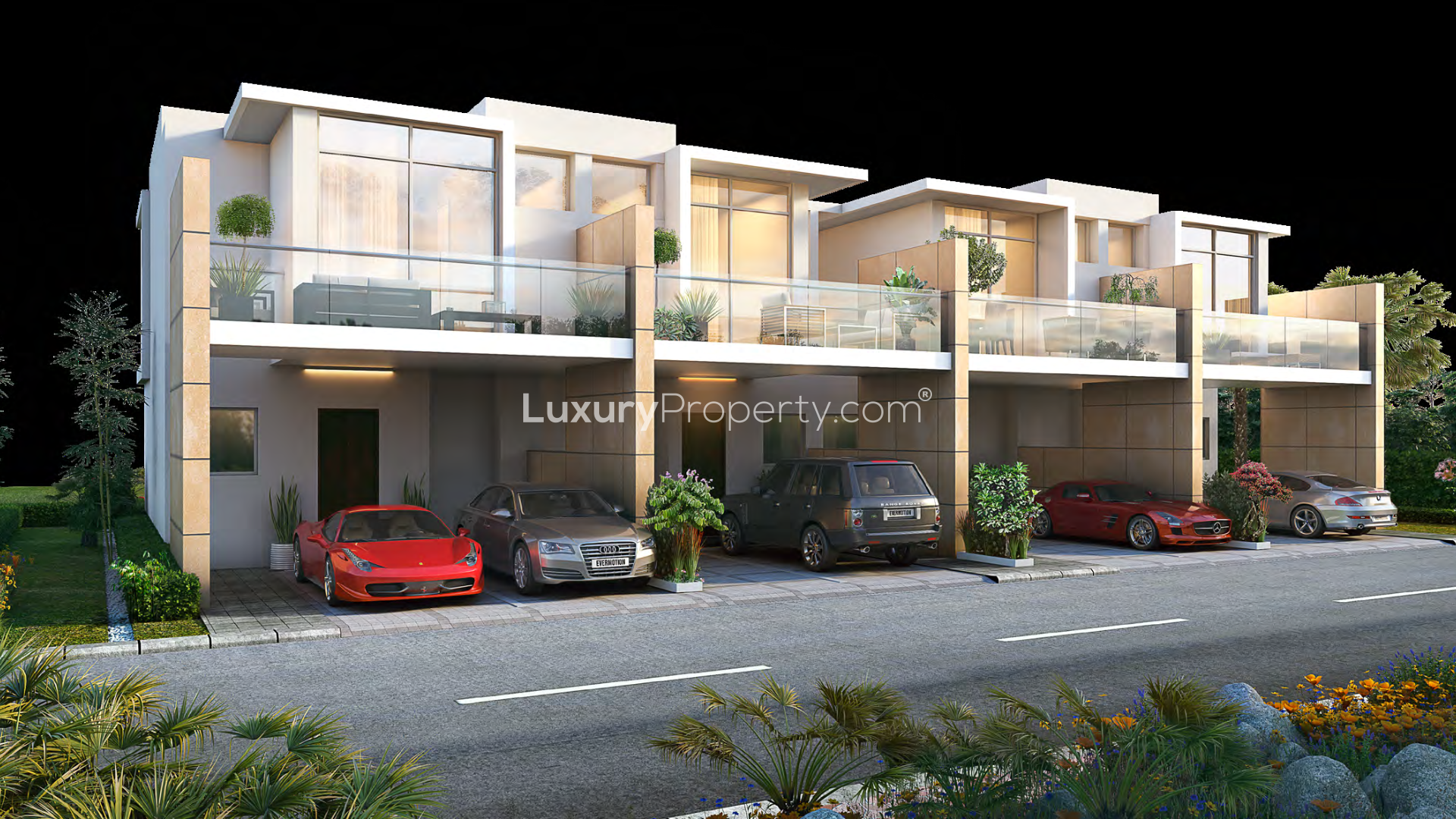 Modern villa exterior in UNO Premier Villas, Damac Hills 2, featuring lush garden setting